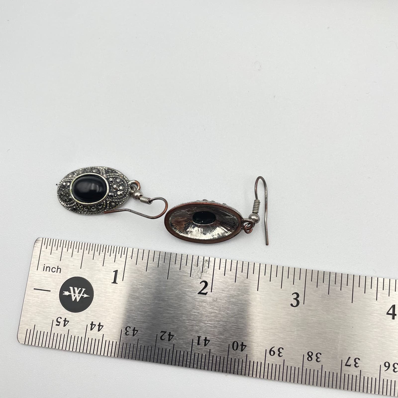 Vintage 90s Silver Tone Marcasite Black Onyx Oval Drop Earrings Women's Jewelry - Thumbnail 7