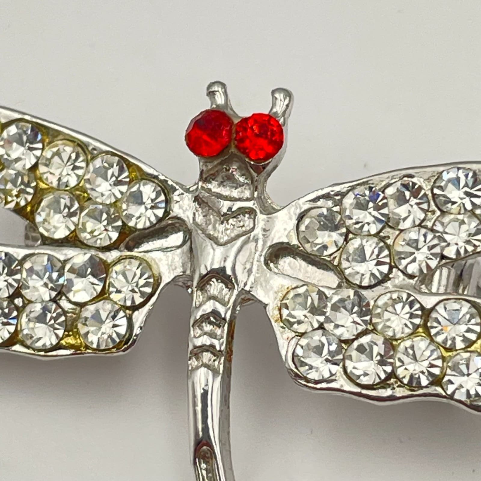 Vintage 90s Silver Tone Dragonfly Brooch Clear Red Glass Wings Fashion Pin - Thumbnail 4