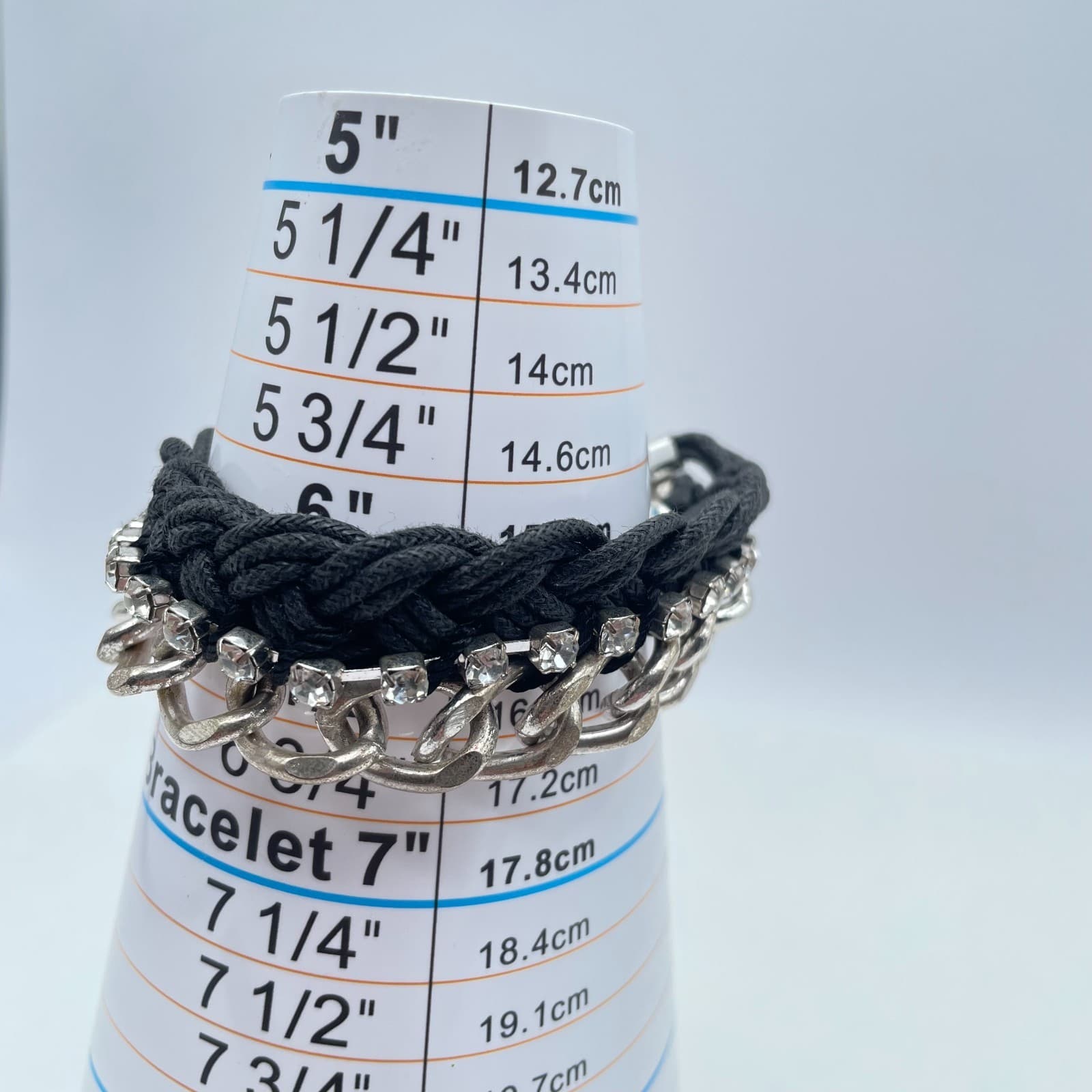 Vintage 90s Mixed Media lace Cord Silver Tone Rhinestone Chain Bracelet Jewelry - Thumbnail 8