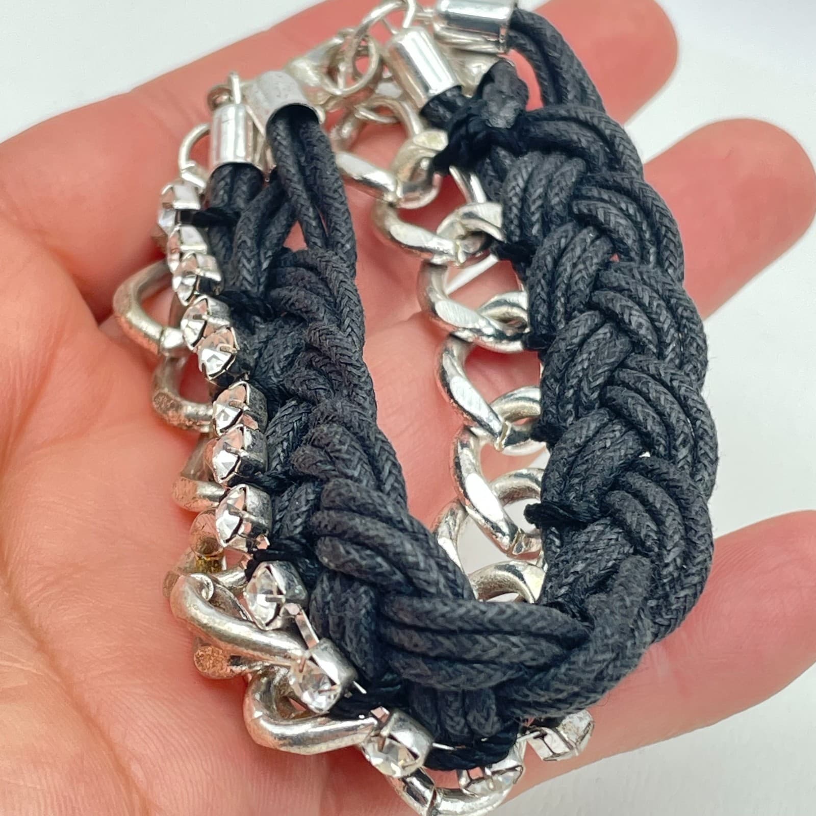 Vintage 90s Mixed Media lace Cord Silver Tone Rhinestone Chain Bracelet Jewelry - Thumbnail 5