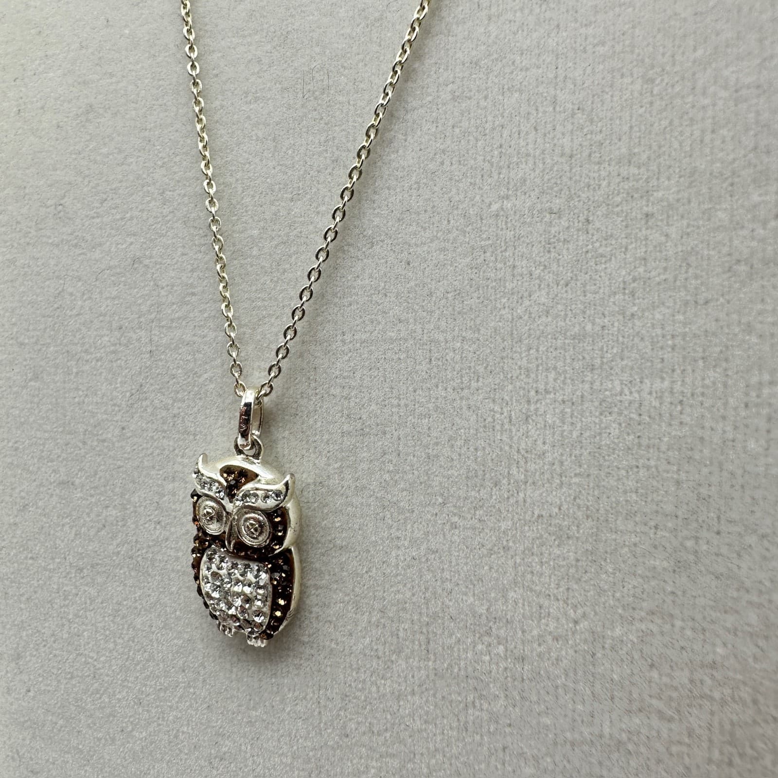 Vintage Silver Tone Owl Pendant Necklace Brown Clear Rhinestone Jewelry Y2K - Thumbnail 5