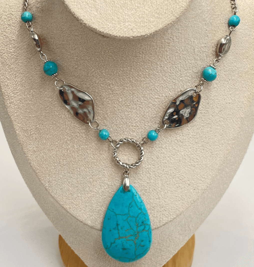 Vintage 90s Blue Faux Turquoise Teardrop Pendant Silver Tone Necklace Boho Style - Image 1