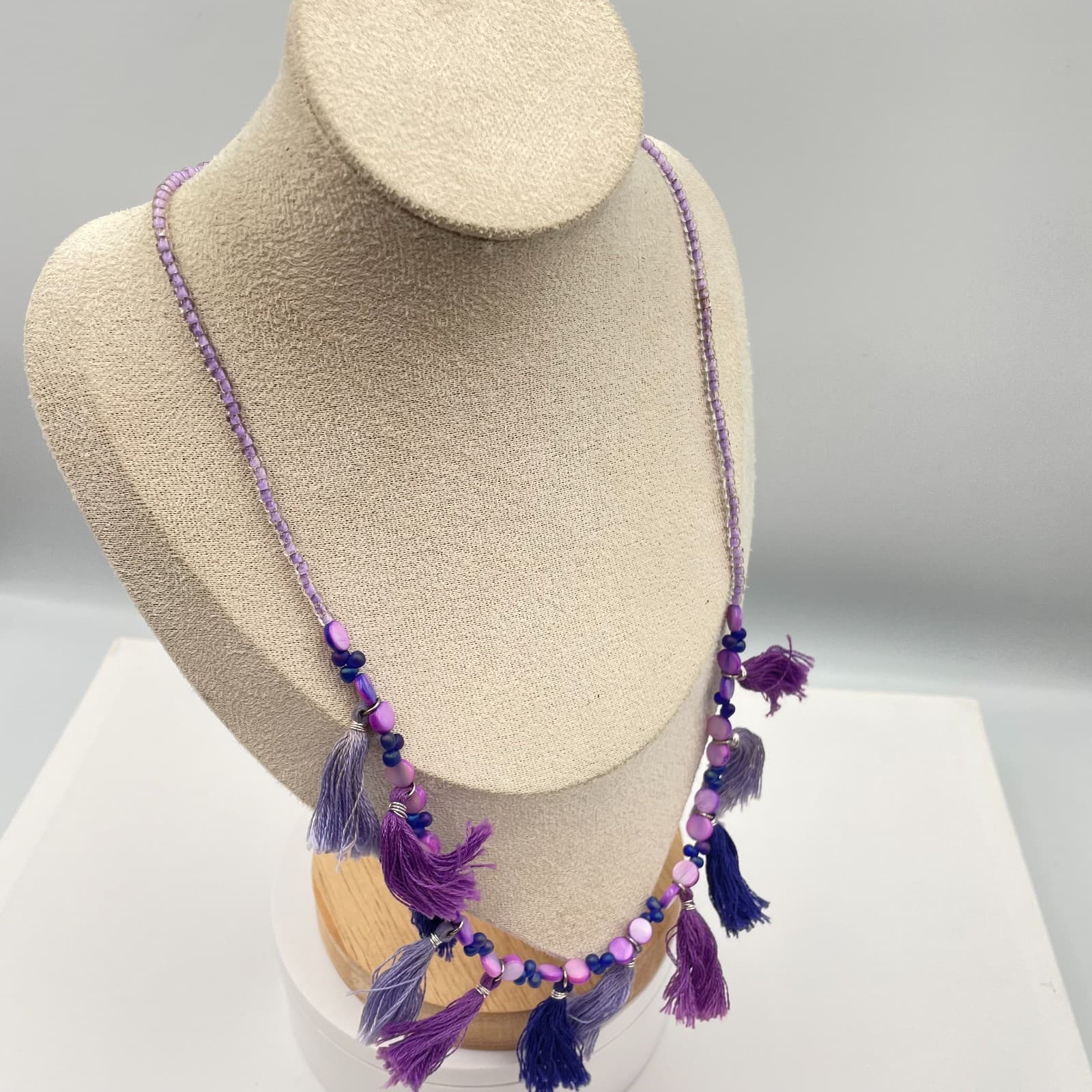 Vintage 90s Purple Beaded Tassel Necklace Boho Retro Women's Classic Jewelry - Thumbnail 5