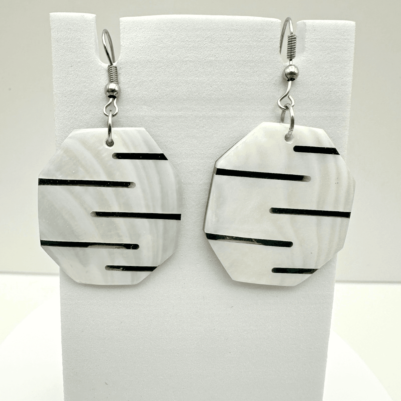 Vintage Y2K Geometric Mother of Pearl Inlaid Black Stripe Dangle Earrings Hook - Image 1