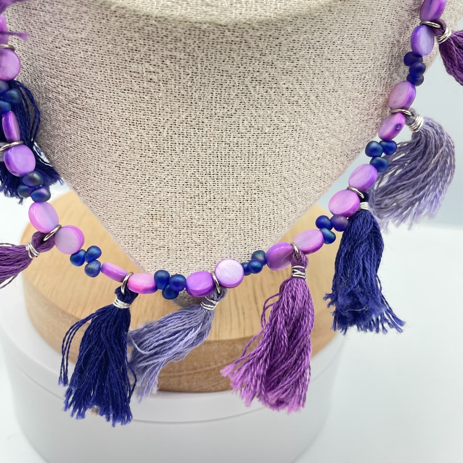 Vintage 90s Purple Beaded Tassel Necklace Boho Retro Women's Classic Jewelry - Thumbnail 4