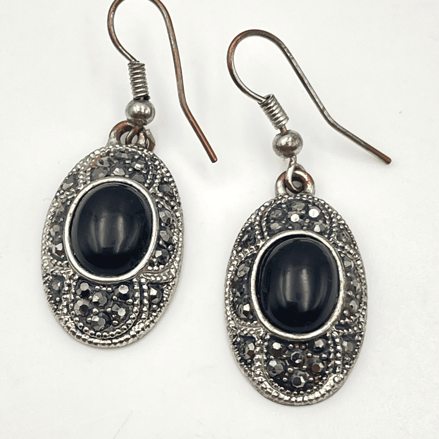 Vintage 90s Silver Tone Marcasite Black Onyx Oval Drop Earrings Women's Jewelry - Image 1