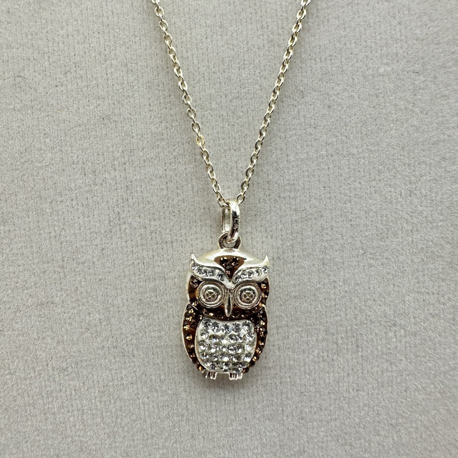 Vintage Silver Tone Owl Pendant Necklace Brown Clear Rhinestone Jewelry Y2K - Thumbnail 2