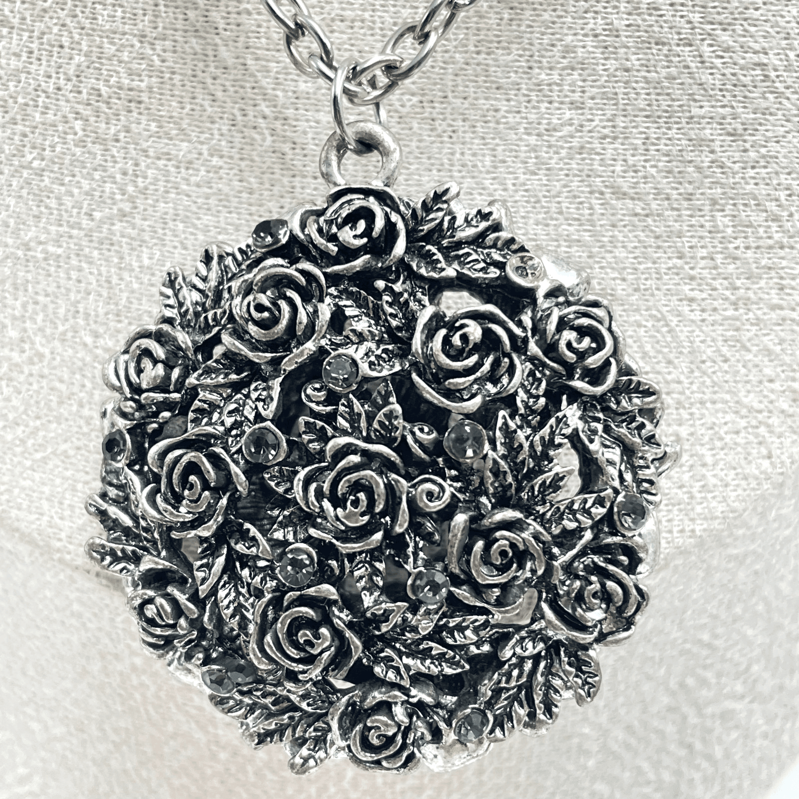 Vintage 90s Silver Tone Floral Rose Cluster Pendant Necklace Glass Rhinestone - Image 1