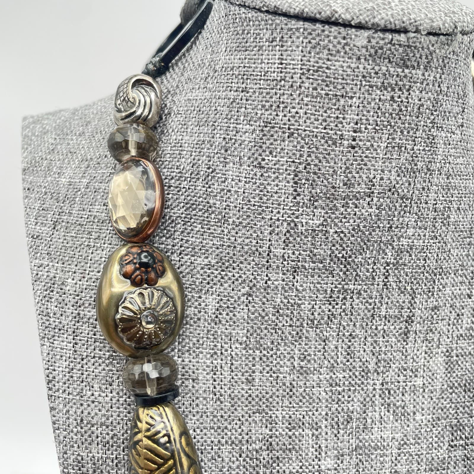 Vintage 90s Statement Beaded Cord Necklace Metallic Mixed Media Charms Jewelry - Thumbnail 4