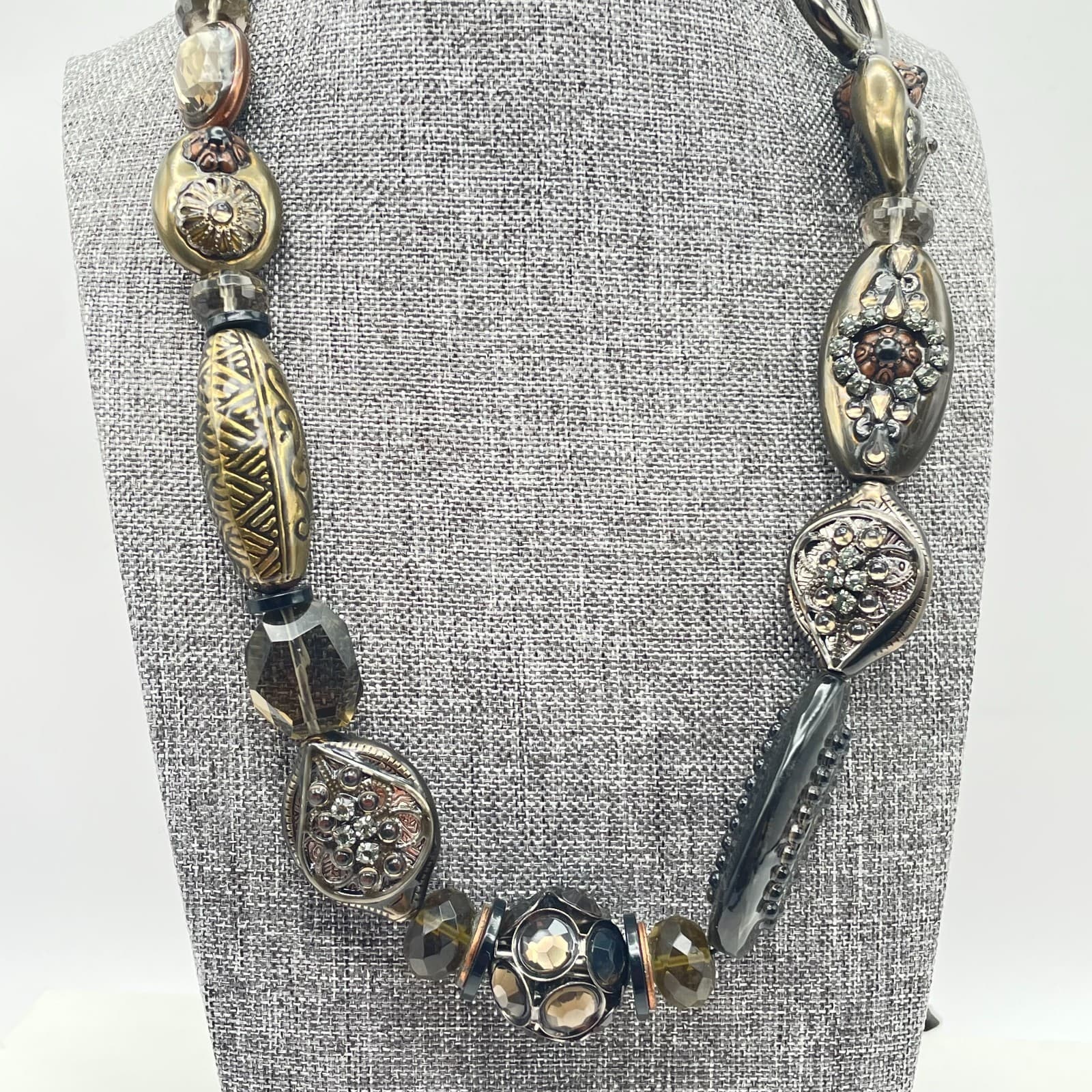Vintage 90s Statement Beaded Cord Necklace Metallic Mixed Media Charms Jewelry - Thumbnail 2
