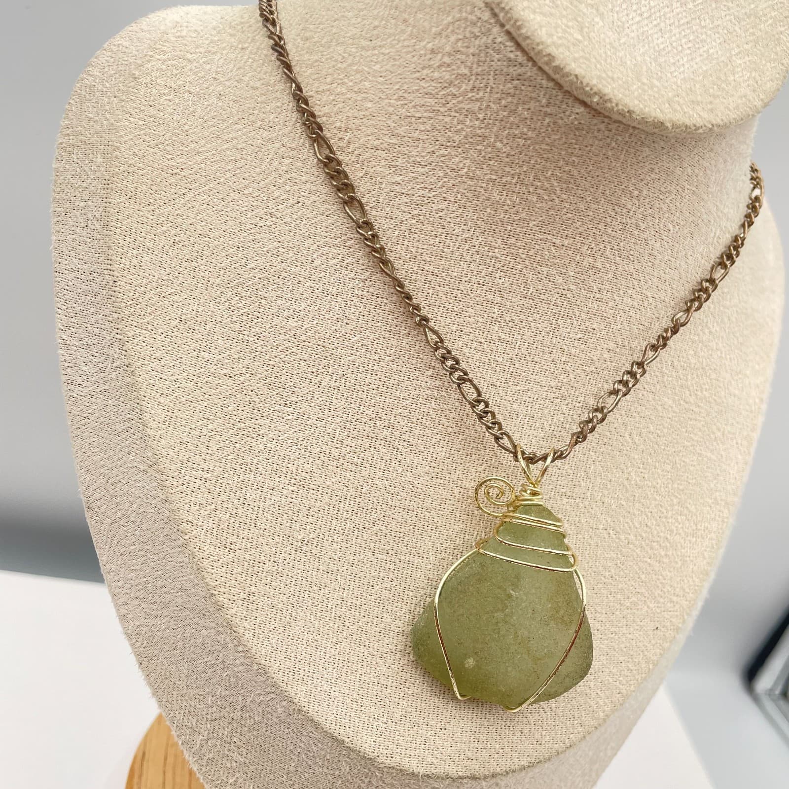 Vintage 90s Wire Wrapped Sea Green Pendant Necklace Boho Women's Classic Jewelry - Thumbnail 3