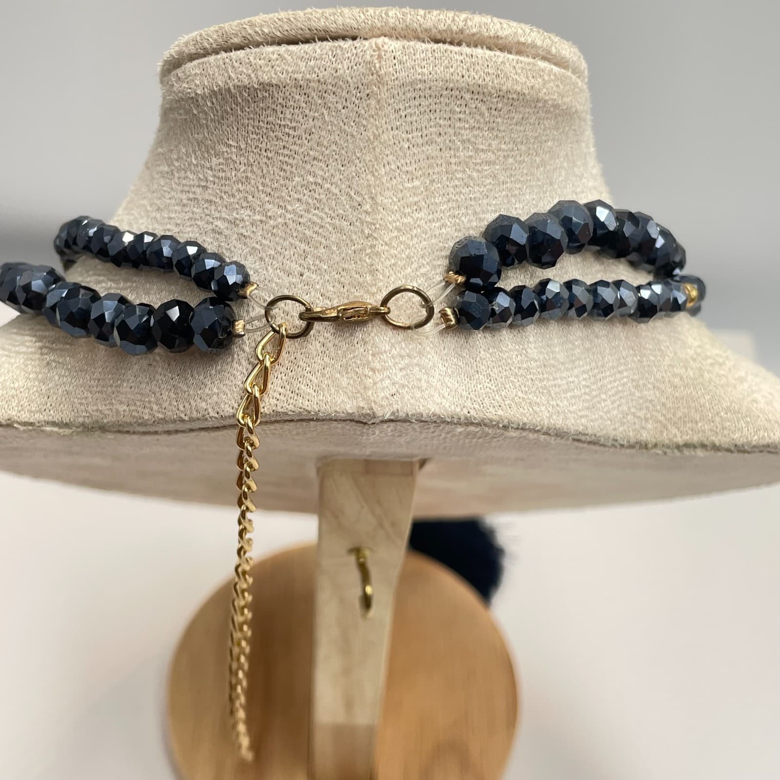 Vintage 90s Double Layer Black Glass Bead Tassel Necklace Gold Tone Boho Estate - Thumbnail 6