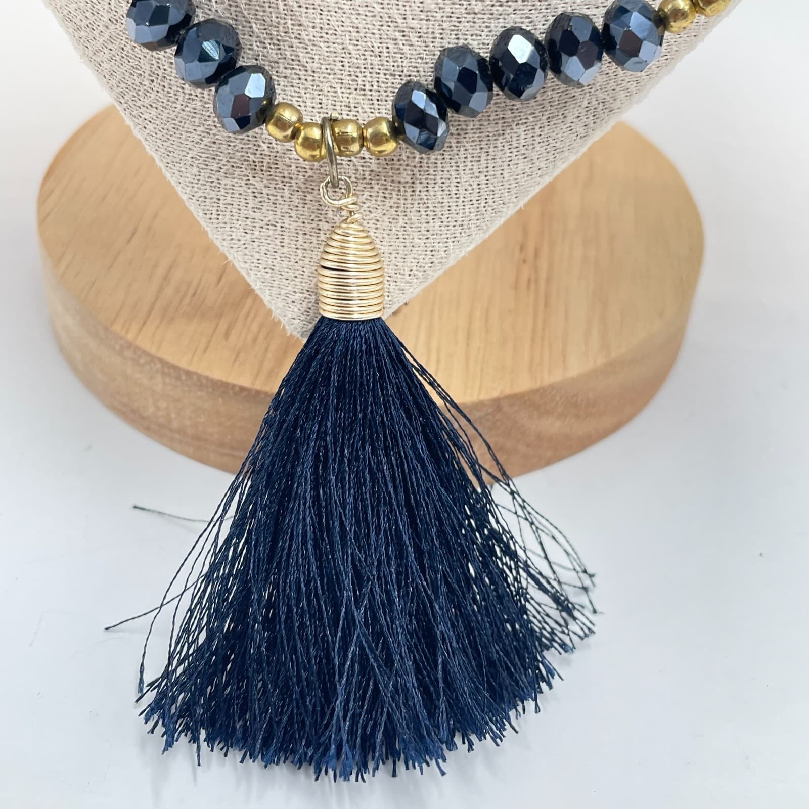 Vintage 90s Double Layer Black Glass Bead Tassel Necklace Gold Tone Boho Estate - Thumbnail 4