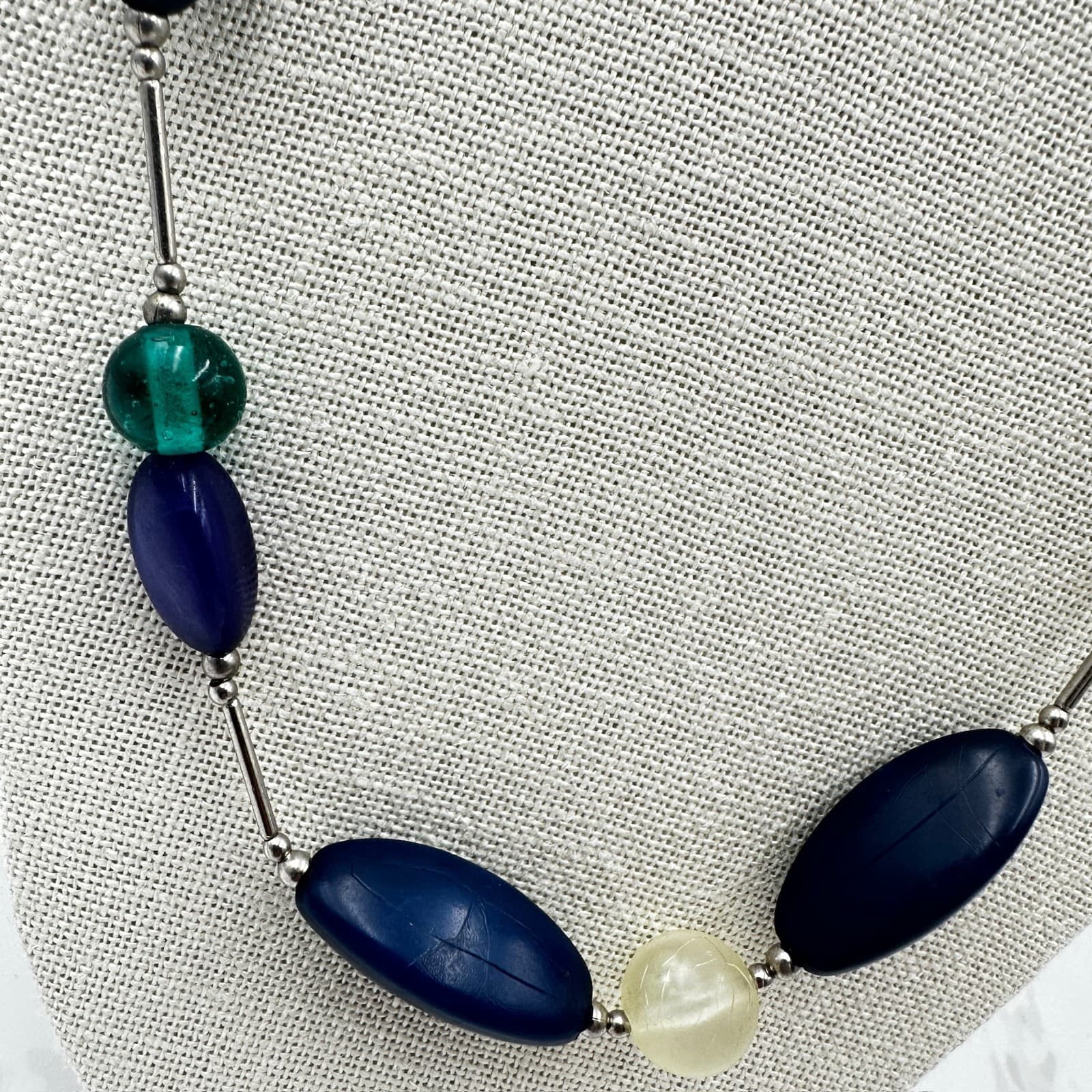 Vintage Silver-Tone Blue Mother Of Pearl Matinee Beaded Statement Necklace - Thumbnail 3