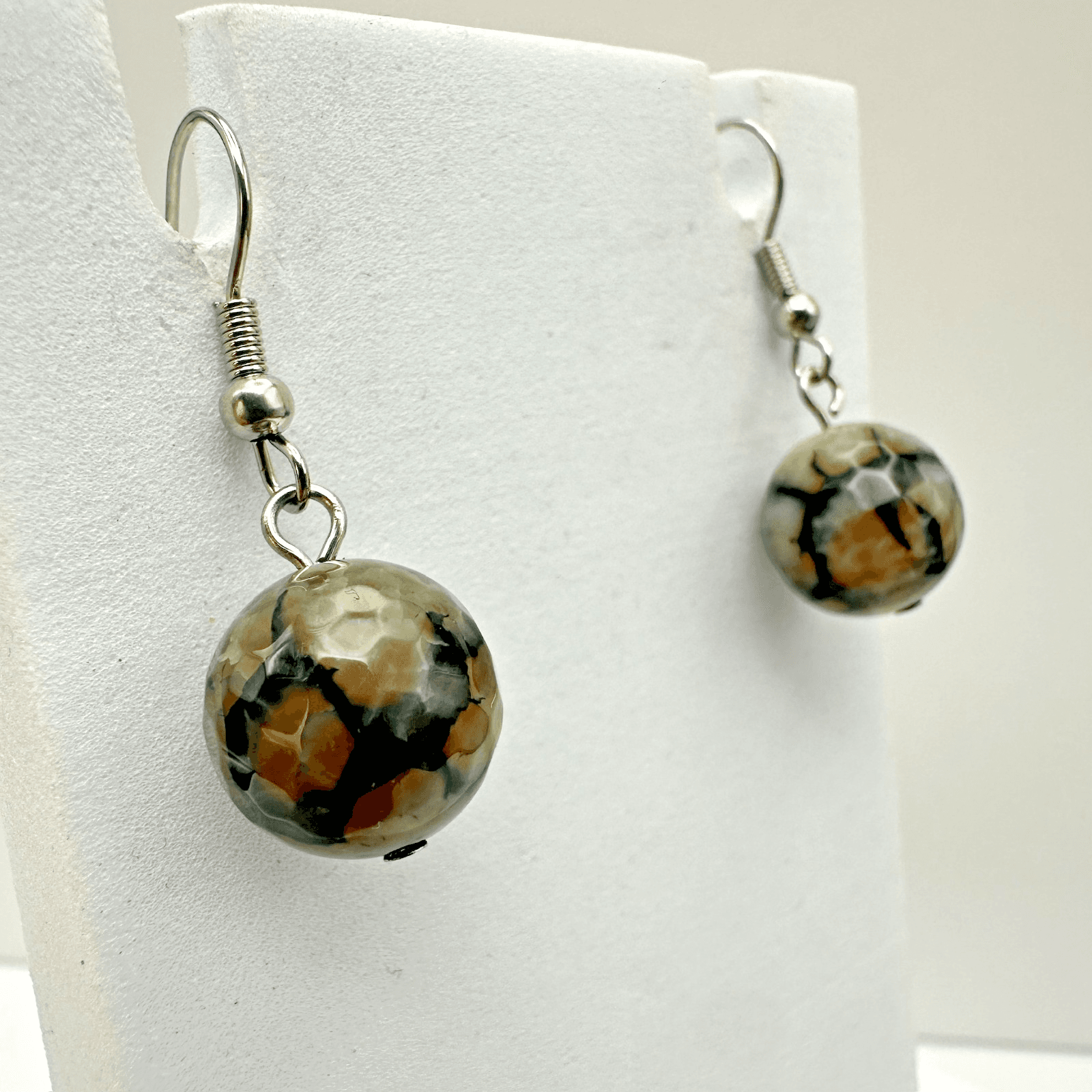 VTG Multi Round Bead Dangle Earrings Crackle Stone Silver Tone Women's Jewellery - Thumbnail 2