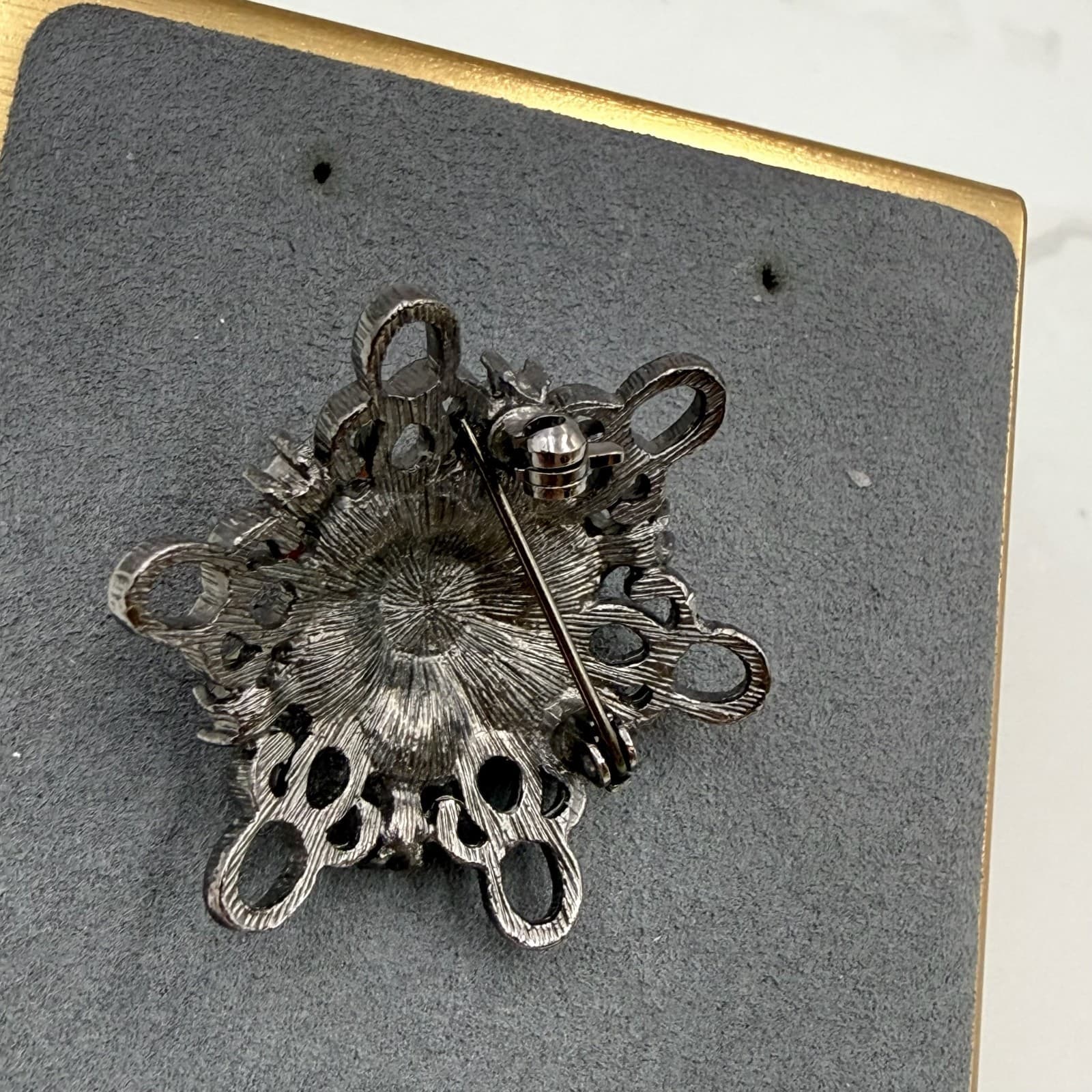 Vintage Orange Elaborate Coral Rhinestones Silver-Toned Curved Flower Shaped - Thumbnail 5