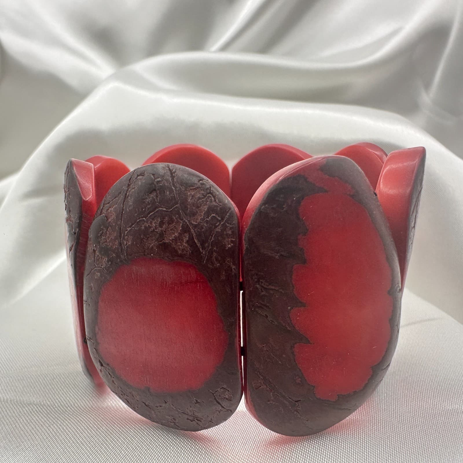 Vintage 90s Red Tagua Nut Elastic Stretch Chunky Boho Statement Cuff Bracelet - Thumbnail 3