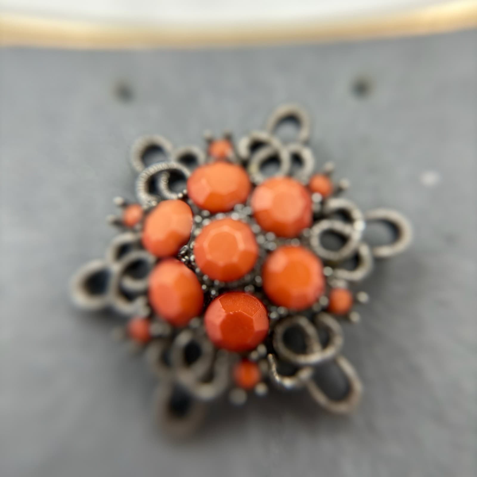 Vintage Orange Elaborate Coral Rhinestones Silver-Toned Curved Flower Shaped - Thumbnail 7
