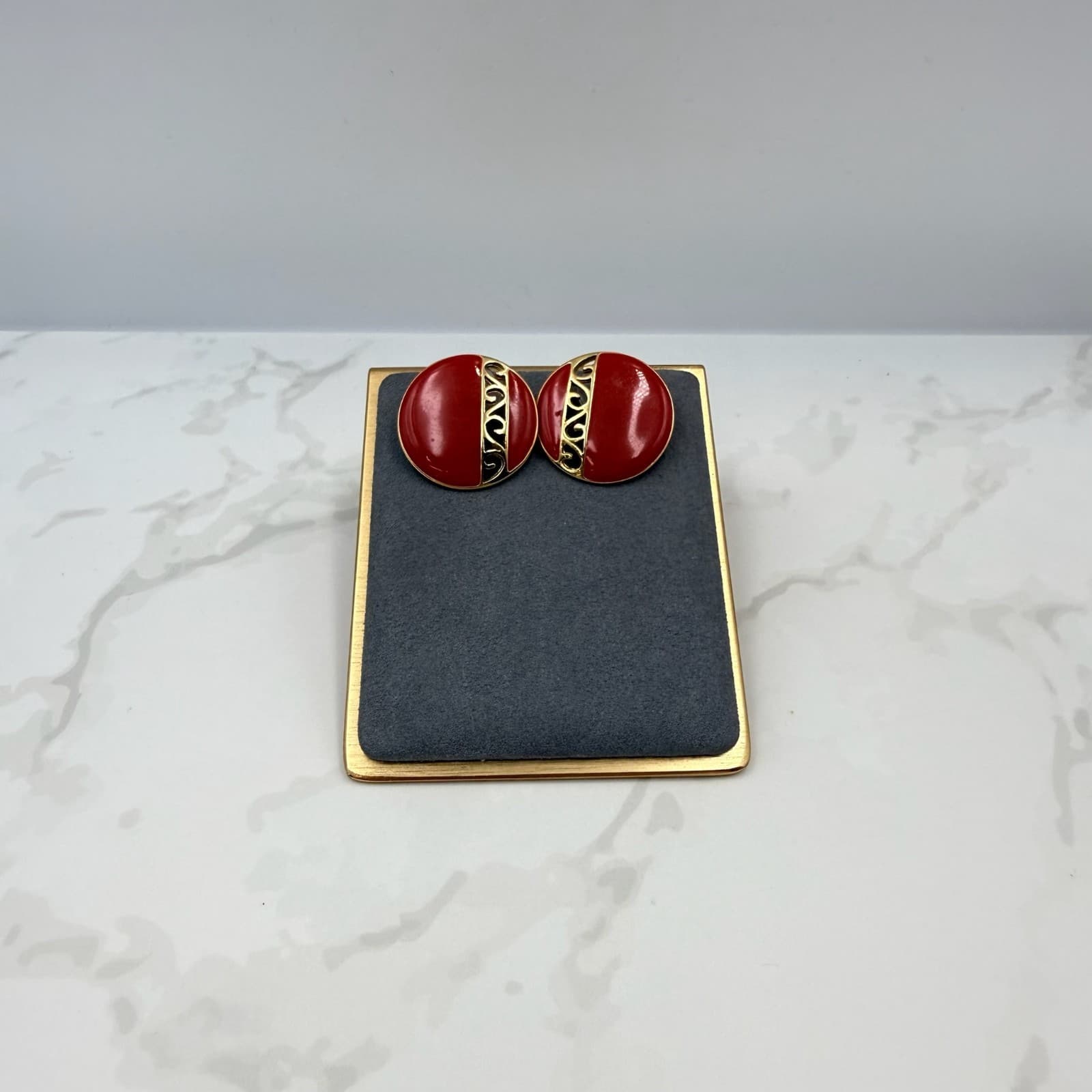 Vintage Monet Red Gold-Toned Classic Fashion Retro Enamel Clip-On Stud Earrings - Thumbnail 2