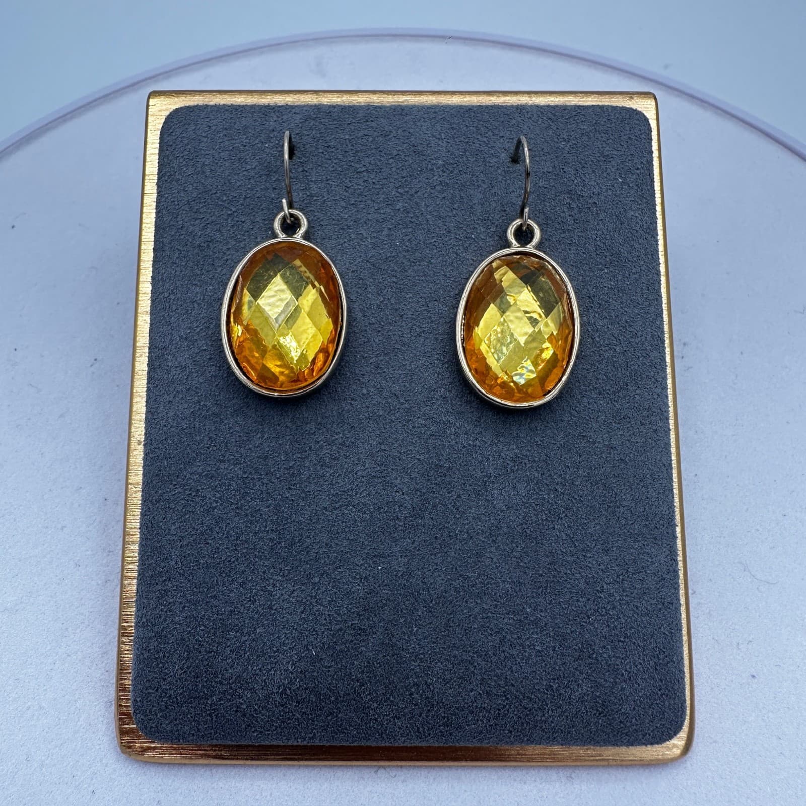 Vintage Faceted Amber Glass Oval Dangle Earrings Glam Fall Style - Image 1