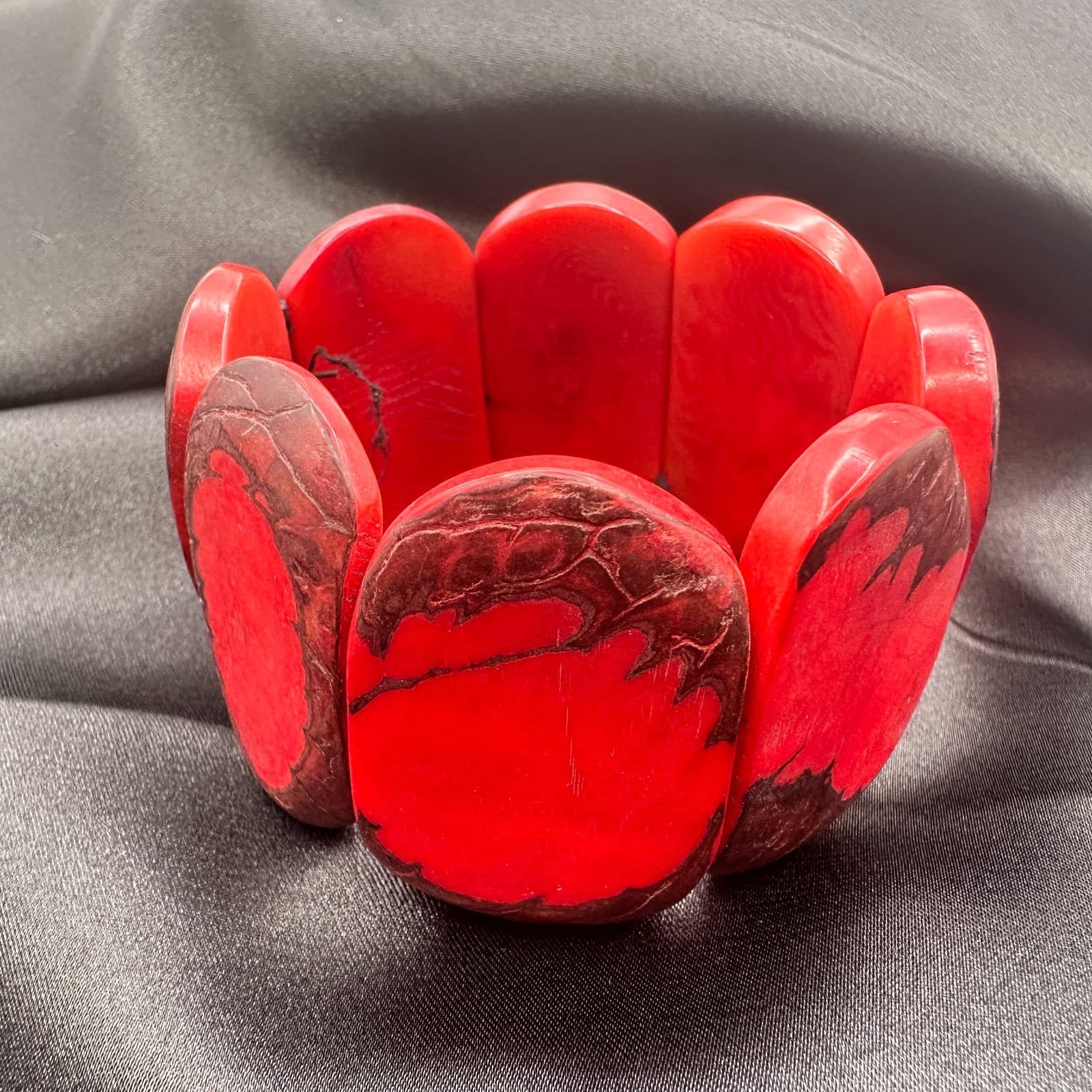 Vintage 90s Red Tagua Nut Elastic Stretch Chunky Boho Statement Cuff Bracelet - Thumbnail 5