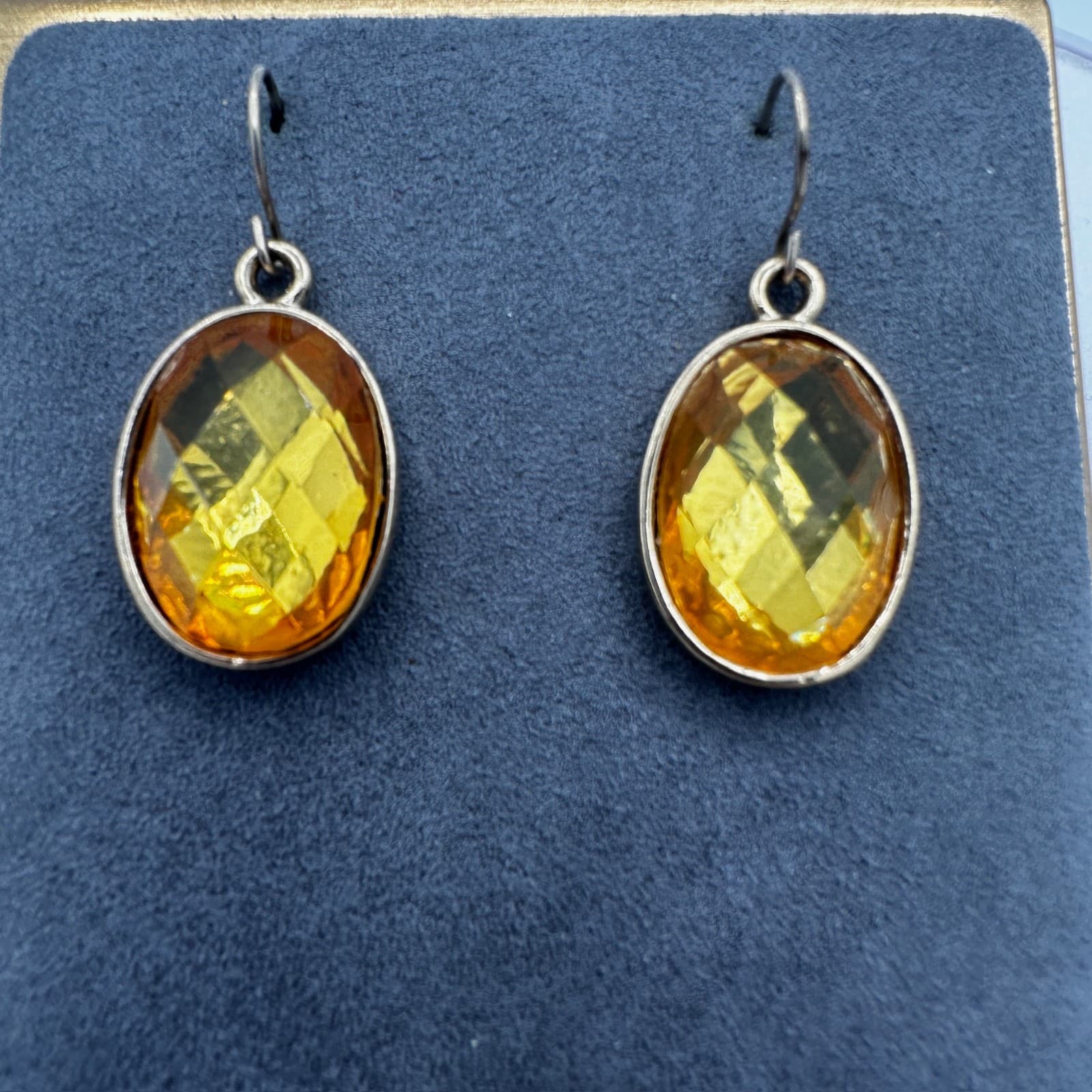 Vintage Faceted Amber Glass Oval Dangle Earrings Glam Fall Style - Thumbnail 2