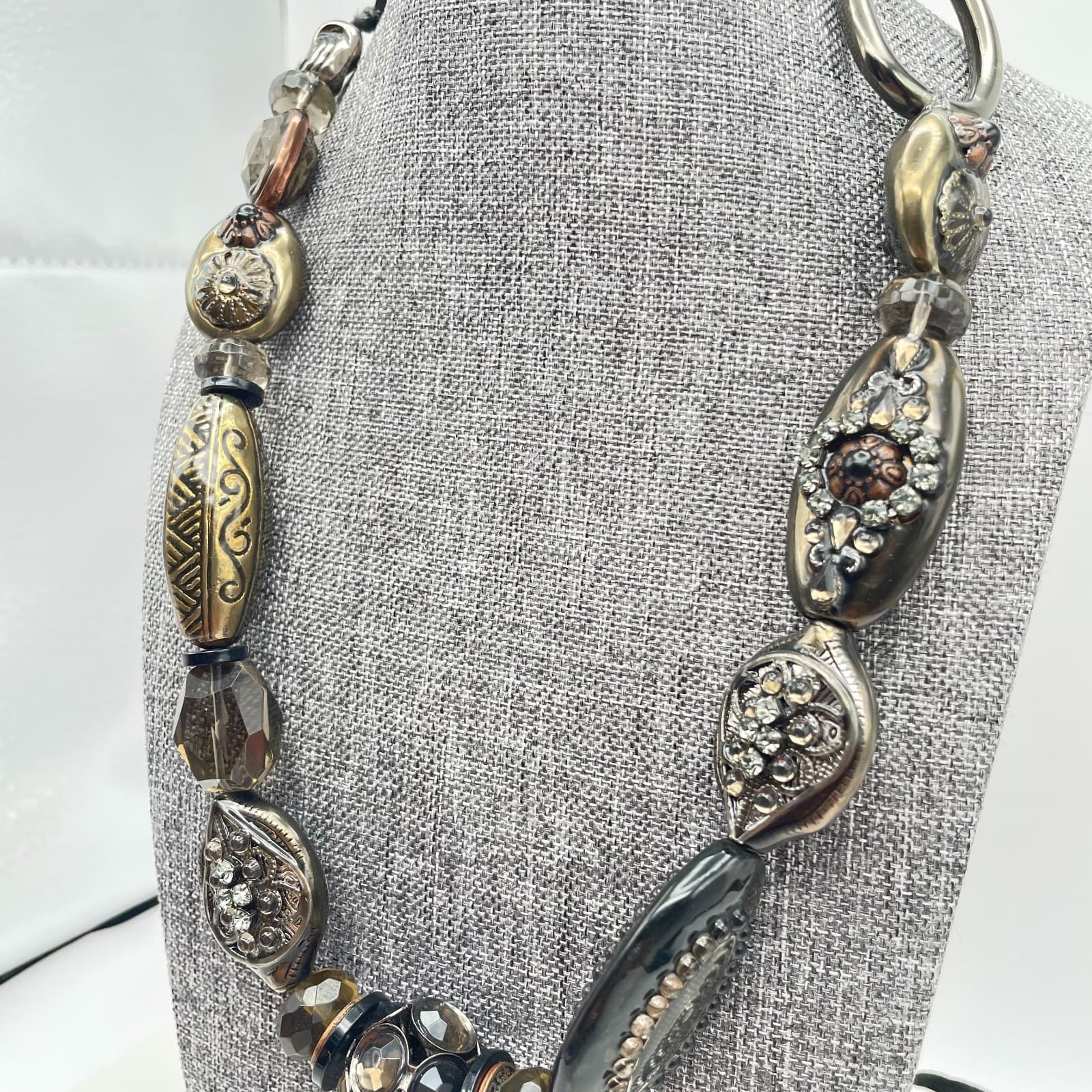 Vintage 90s Statement Beaded Cord Necklace Metallic Mixed Media Charms Jewelry - Thumbnail 3