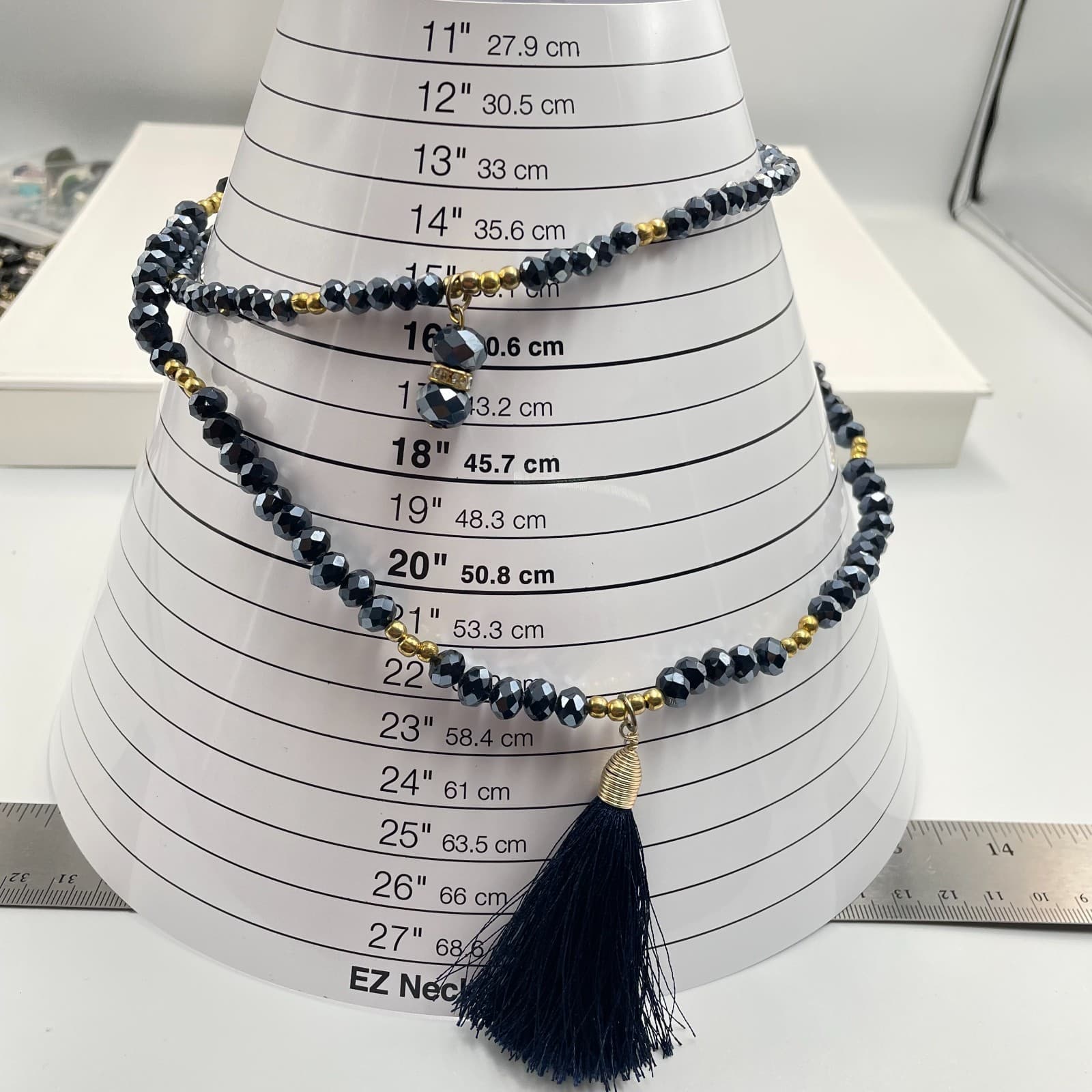 Vintage 90s Double Layer Black Glass Bead Tassel Necklace Gold Tone Boho Estate - Thumbnail 7