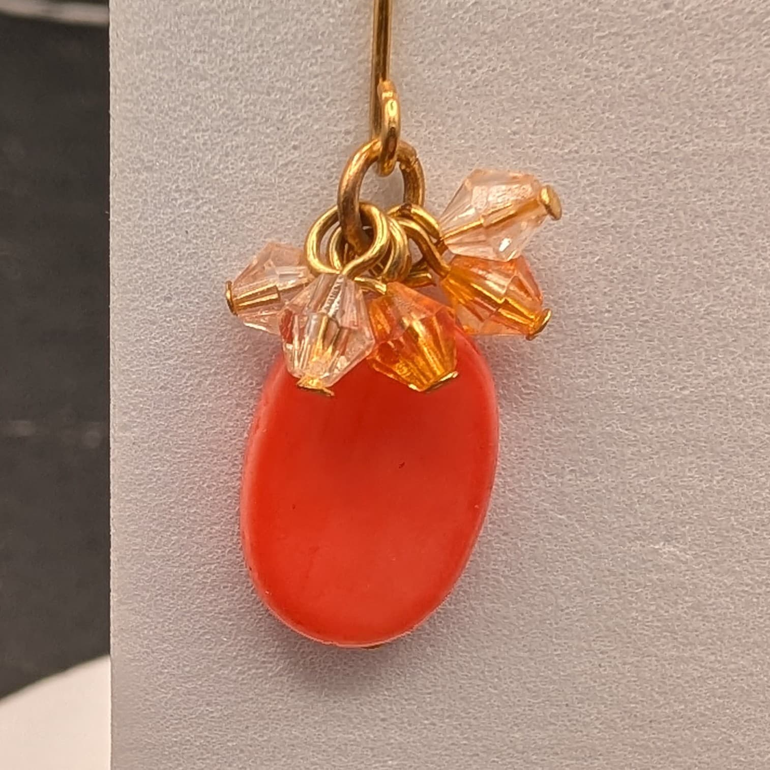 Vintage Orange Bead Dangle Earrings w/ Gold Tone Crystal Cluster Fall Boho - Thumbnail 4