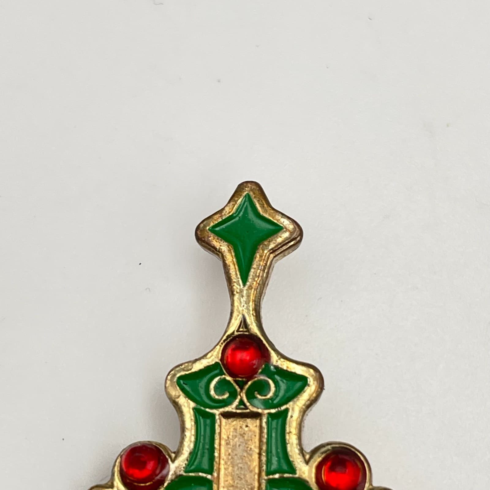 Vintage 90s Christmas Tree Cross Pin Gold Tone Green Enamel Red Glass Brooch - Thumbnail 5