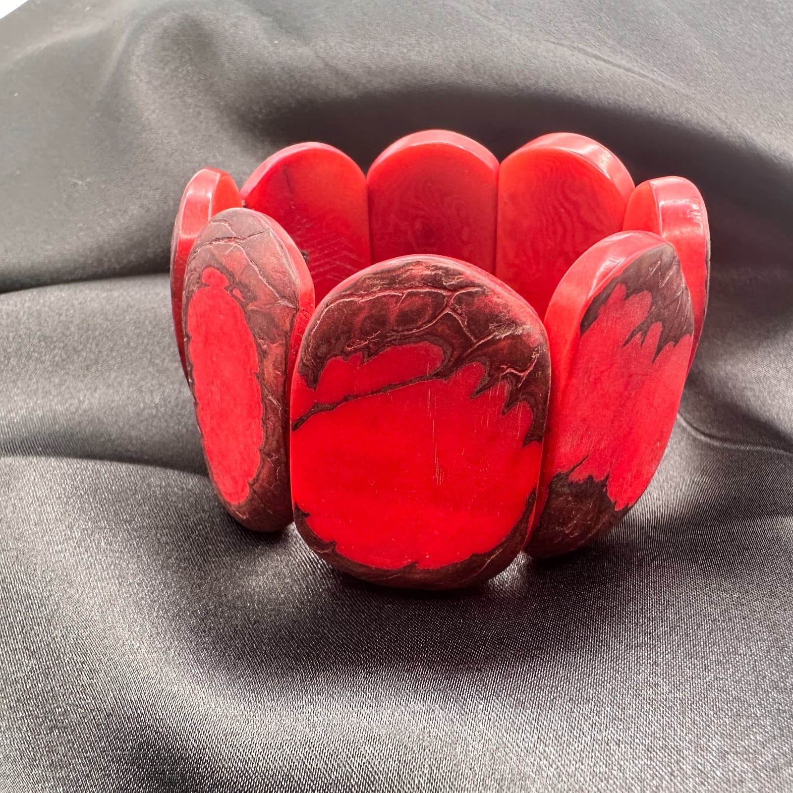 Vintage 90s Red Tagua Nut Elastic Stretch Chunky Boho Statement Cuff Bracelet - Thumbnail 7