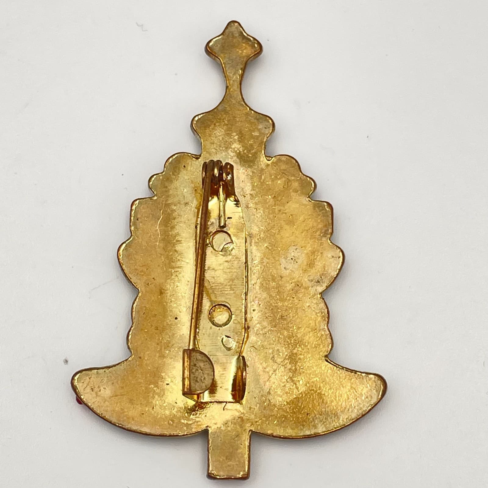 Vintage 90s Christmas Tree Cross Pin Gold Tone Green Enamel Red Glass Brooch - Thumbnail 6
