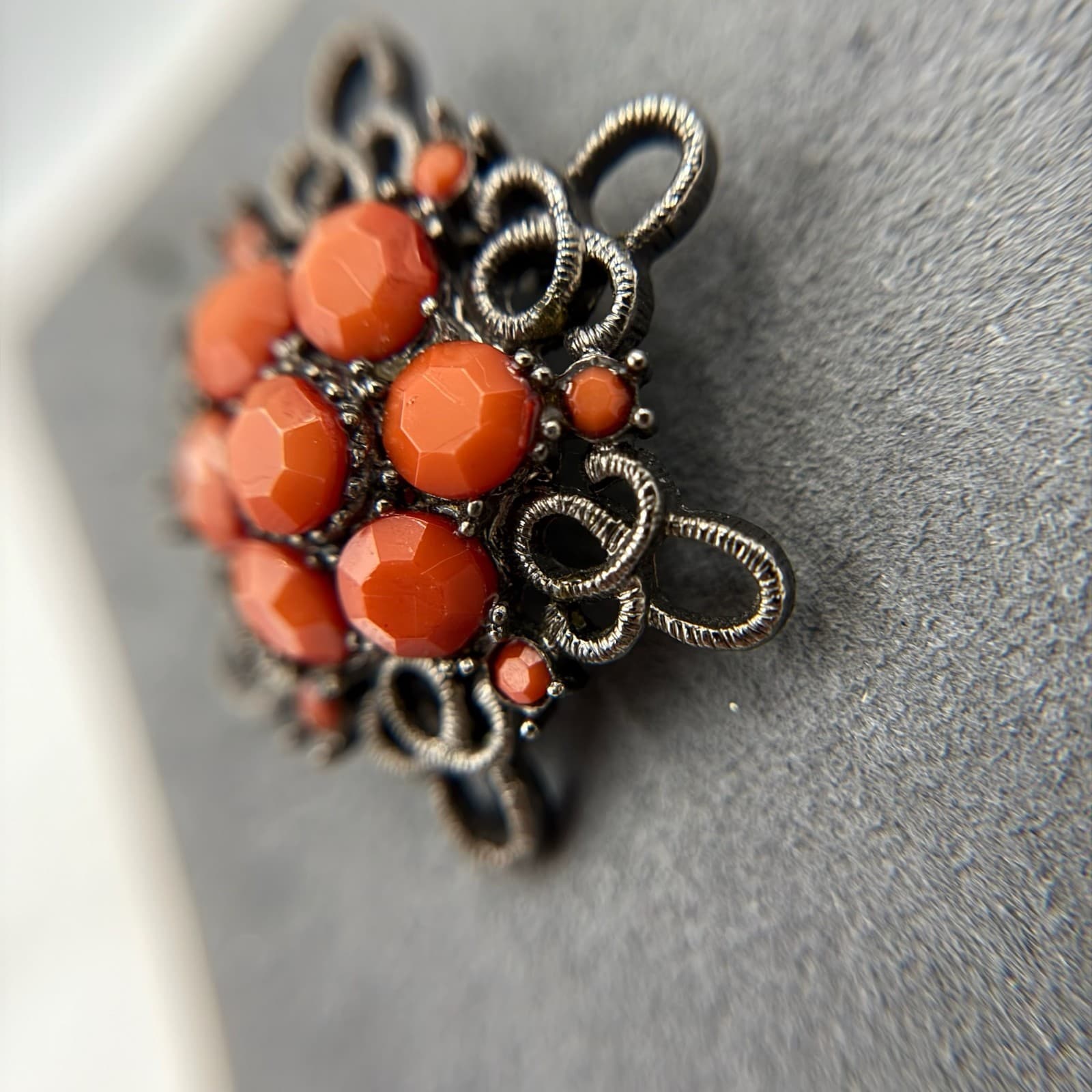 Vintage Orange Elaborate Coral Rhinestones Silver-Toned Curved Flower Shaped - Thumbnail 6