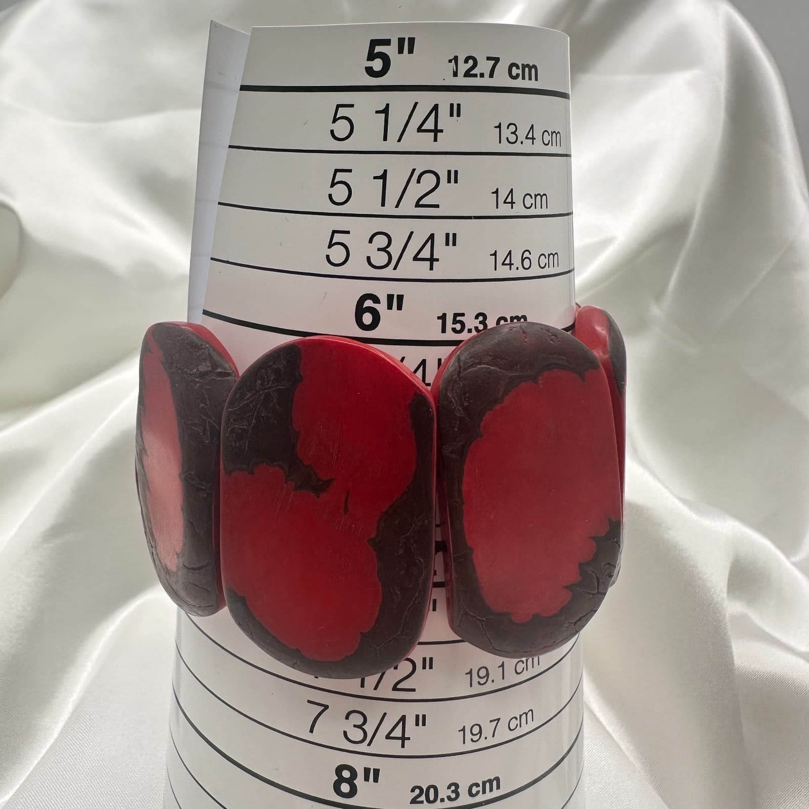 Vintage 90s Red Tagua Nut Elastic Stretch Chunky Boho Statement Cuff Bracelet - Thumbnail 9