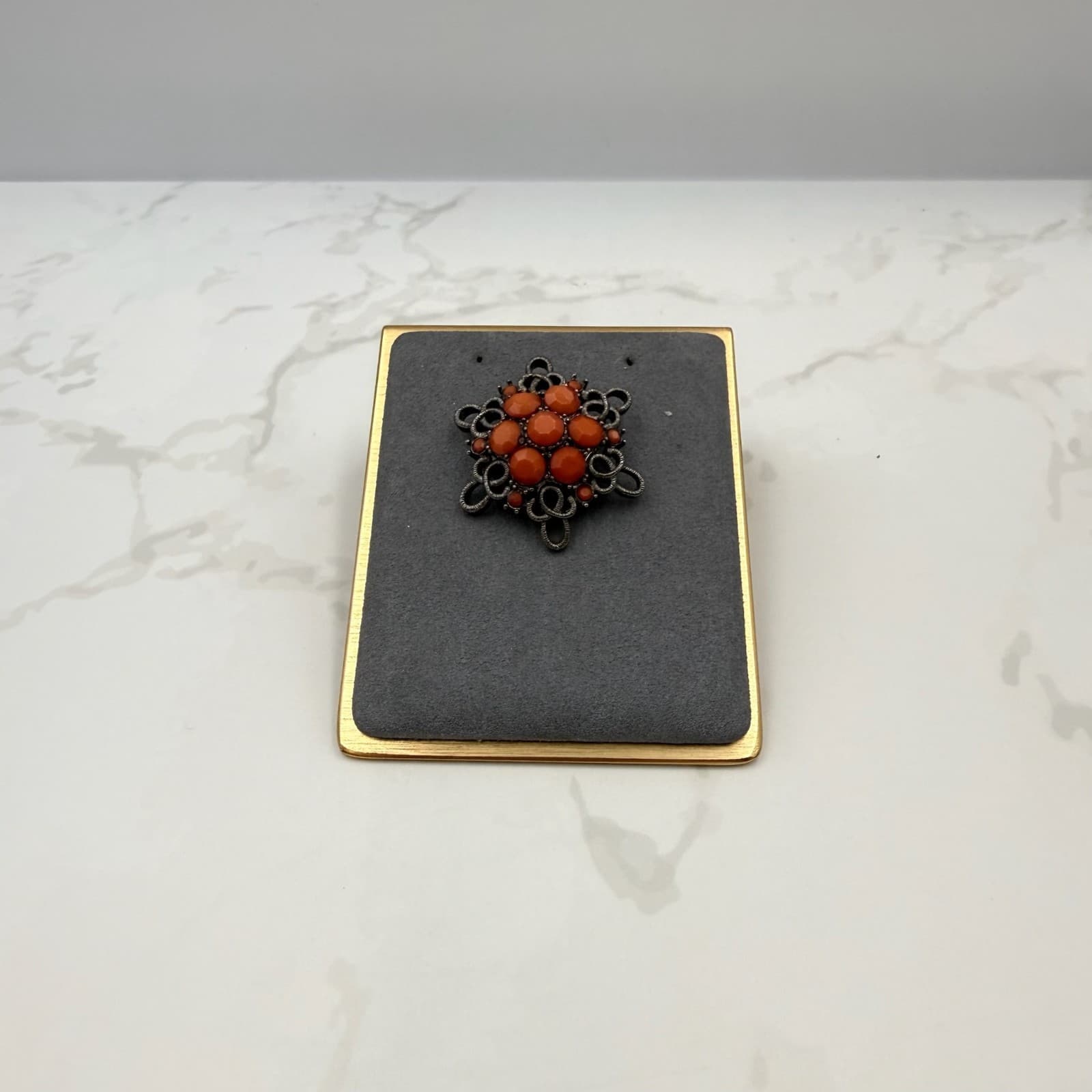 Vintage Orange Elaborate Coral Rhinestones Silver-Toned Curved Flower Shaped - Thumbnail 2