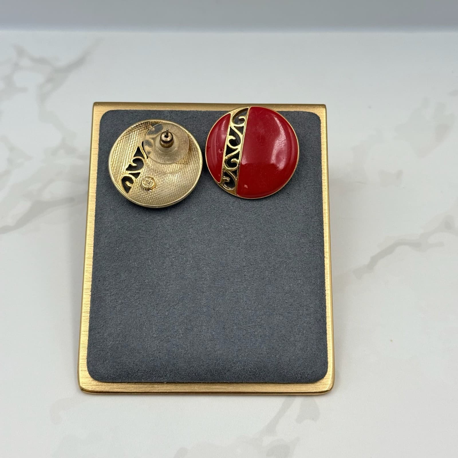Vintage Monet Red Gold-Toned Classic Fashion Retro Enamel Clip-On Stud Earrings - Thumbnail 5