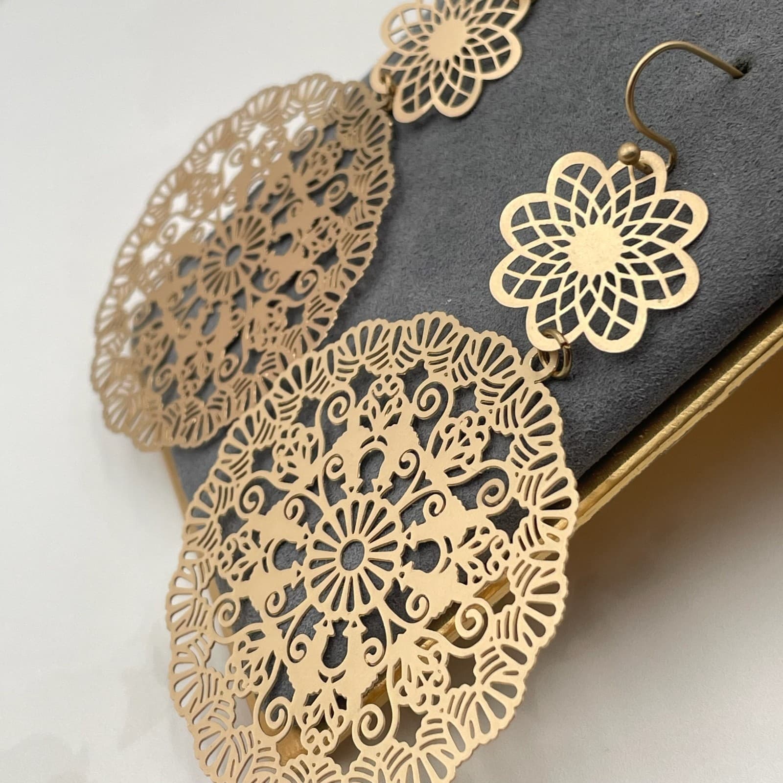 Vintage VTG Gold Tone Statement Dangle Earrings Large Filigree Floral Mandala - Thumbnail 8