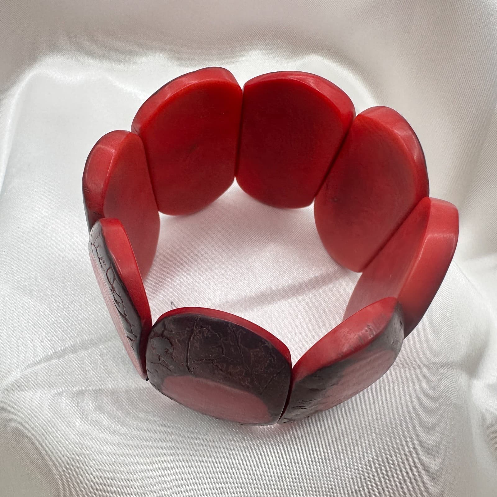 Vintage 90s Red Tagua Nut Elastic Stretch Chunky Boho Statement Cuff Bracelet - Thumbnail 2
