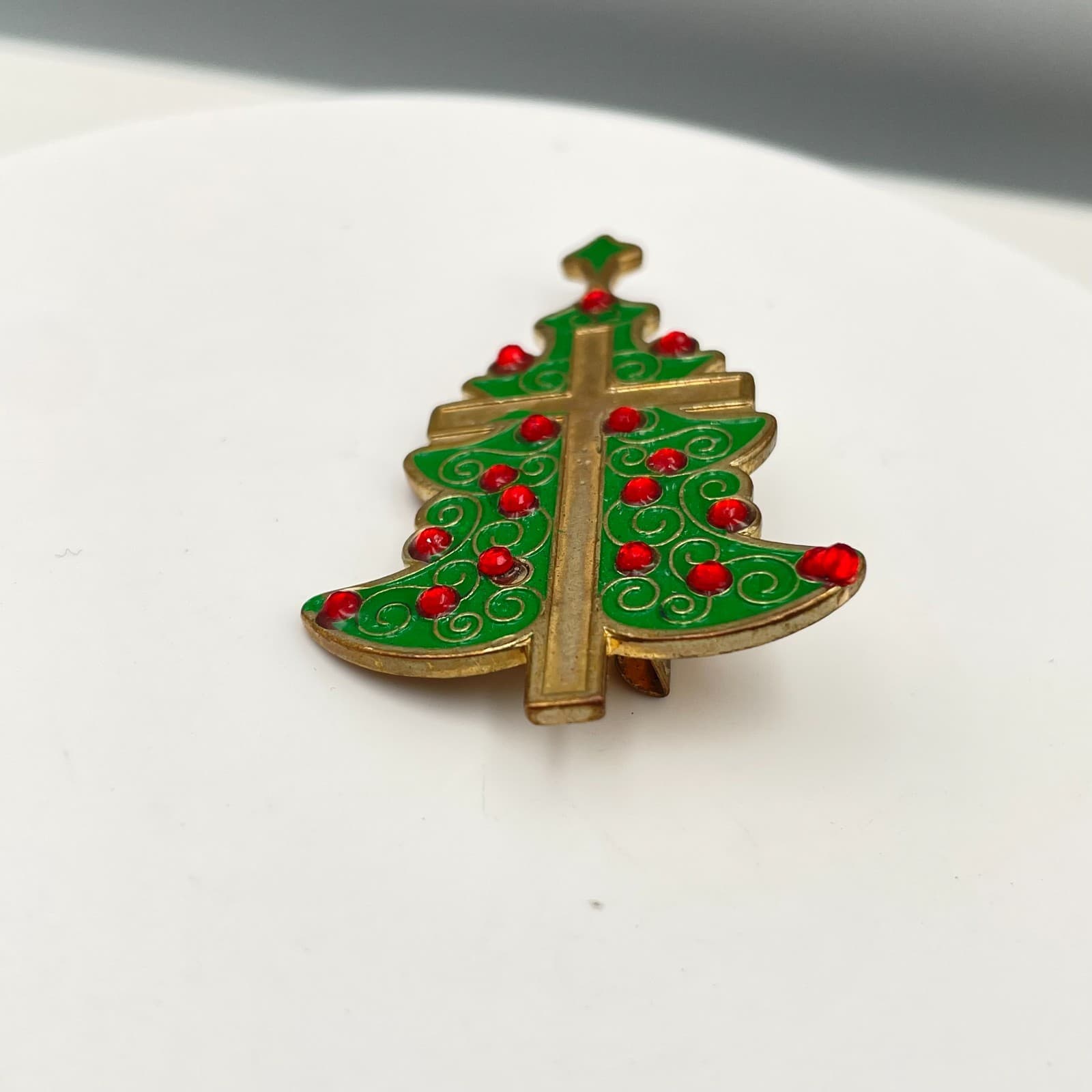 Vintage 90s Christmas Tree Cross Pin Gold Tone Green Enamel Red Glass Brooch - Thumbnail 2