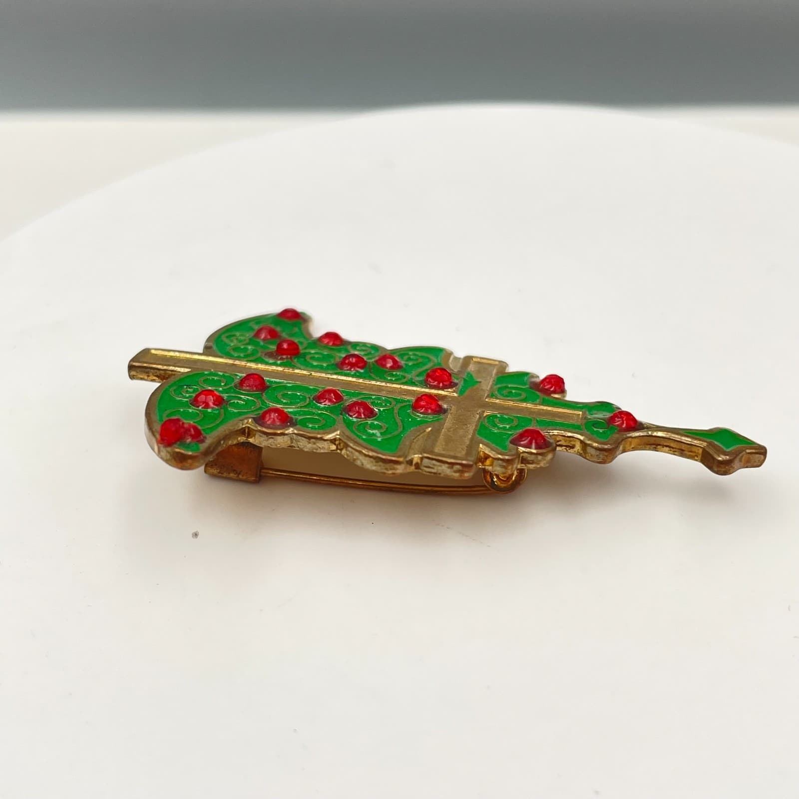 Vintage 90s Christmas Tree Cross Pin Gold Tone Green Enamel Red Glass Brooch - Thumbnail 3