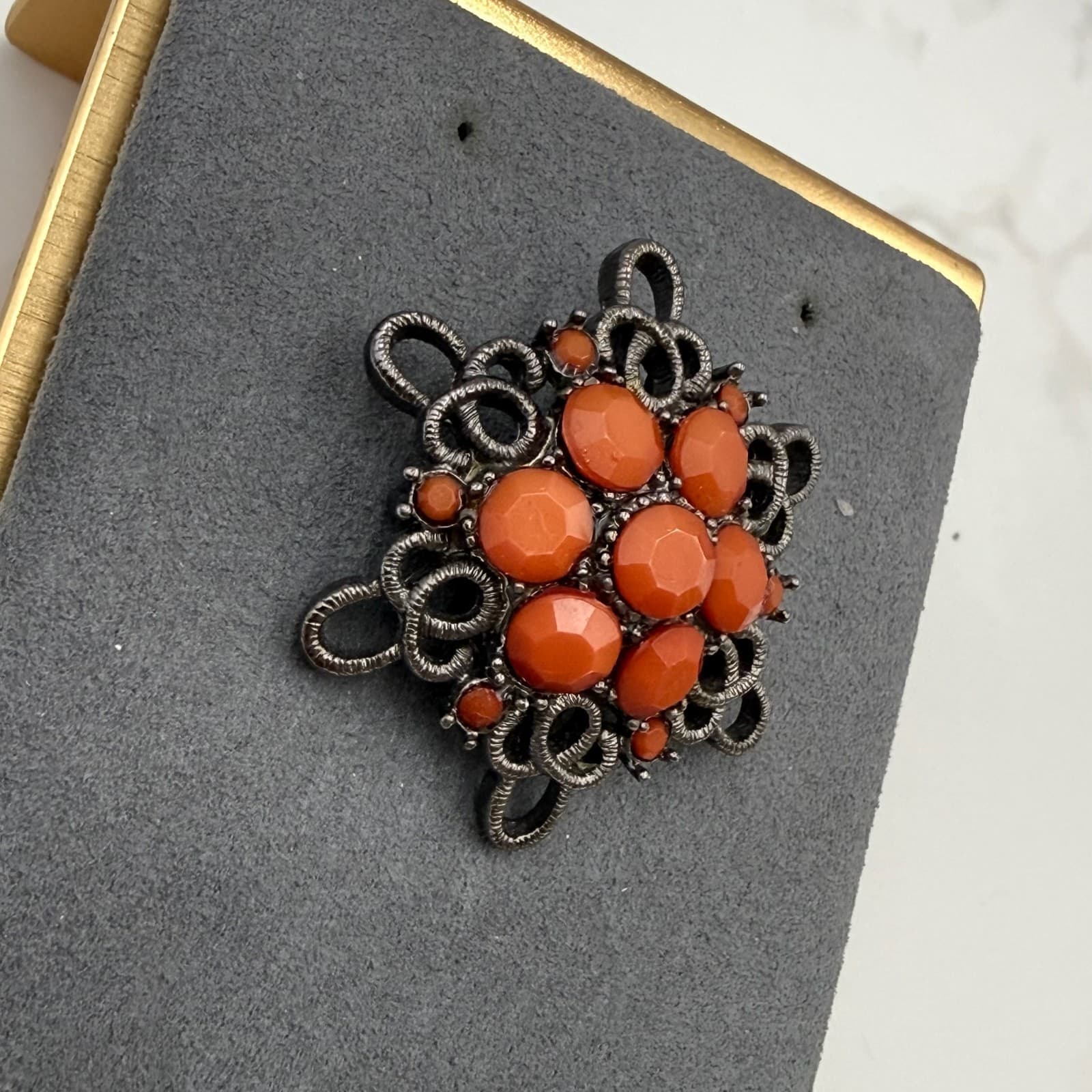 Vintage Orange Elaborate Coral Rhinestones Silver-Toned Curved Flower Shaped - Thumbnail 4