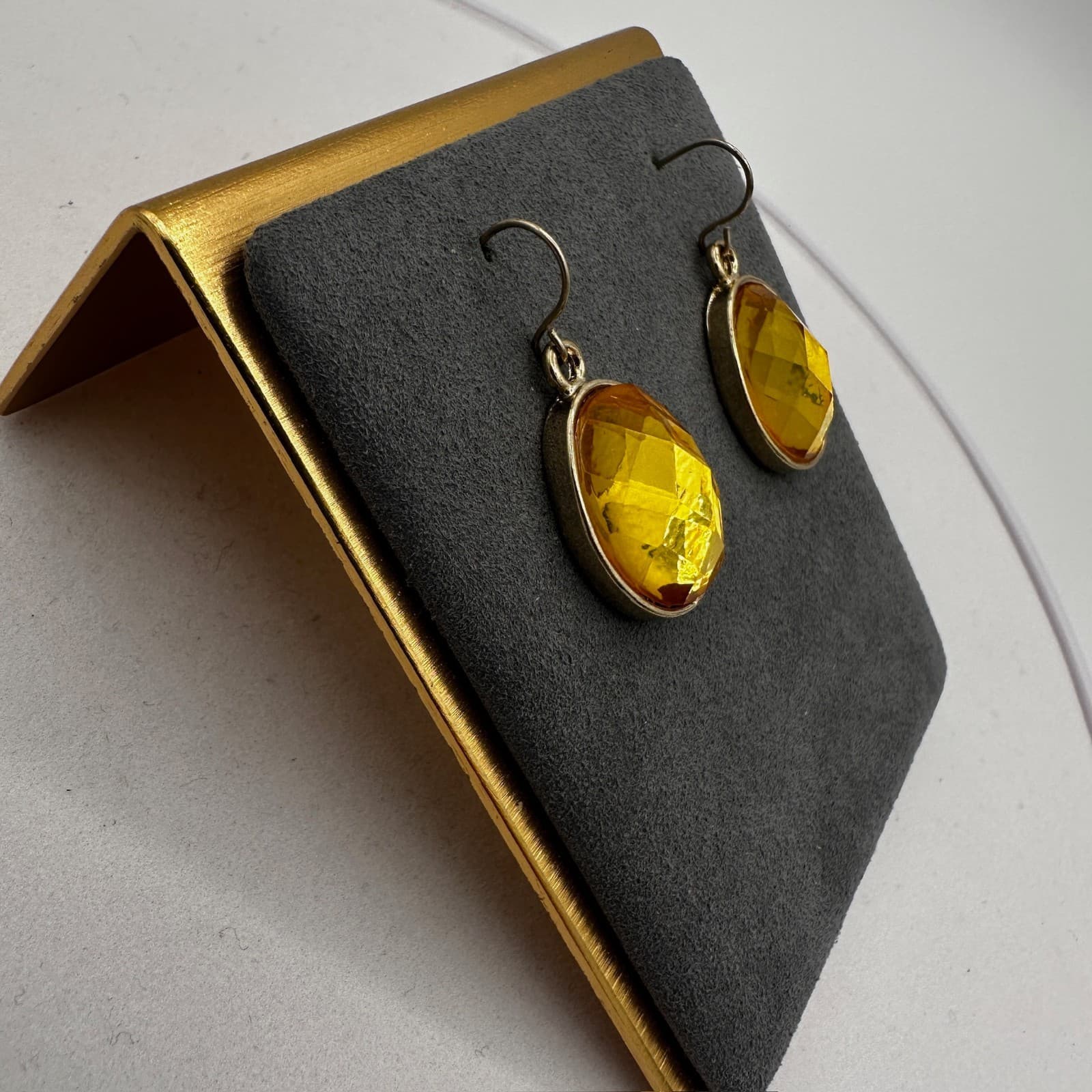 Vintage Faceted Amber Glass Oval Dangle Earrings Glam Fall Style - Thumbnail 3