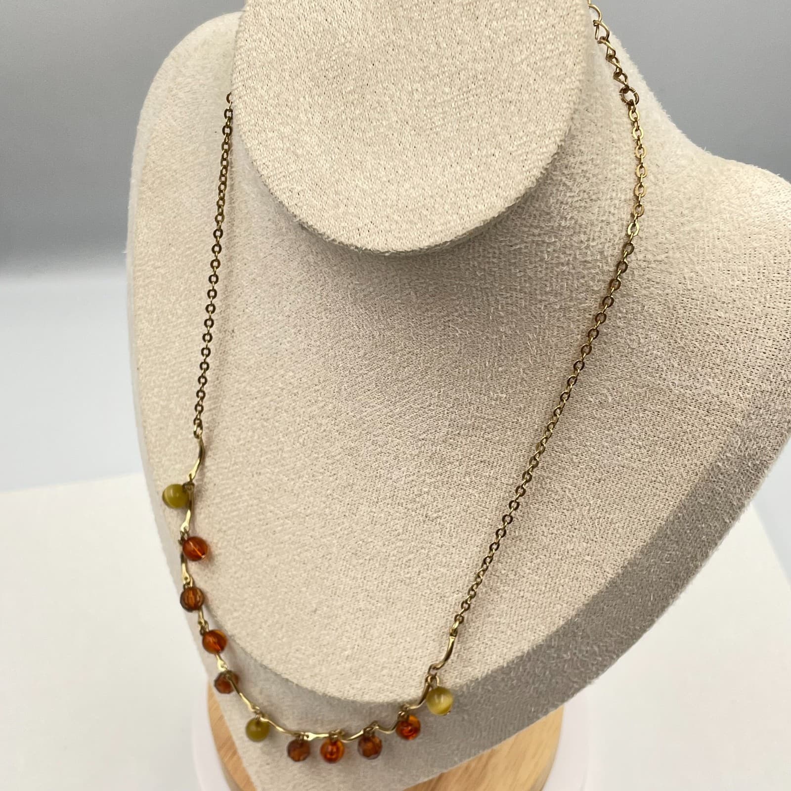 Vintage 90s Boho Gold Tone Amber Green Beaded Dangle Necklace Women's Jewelry - Thumbnail 6
