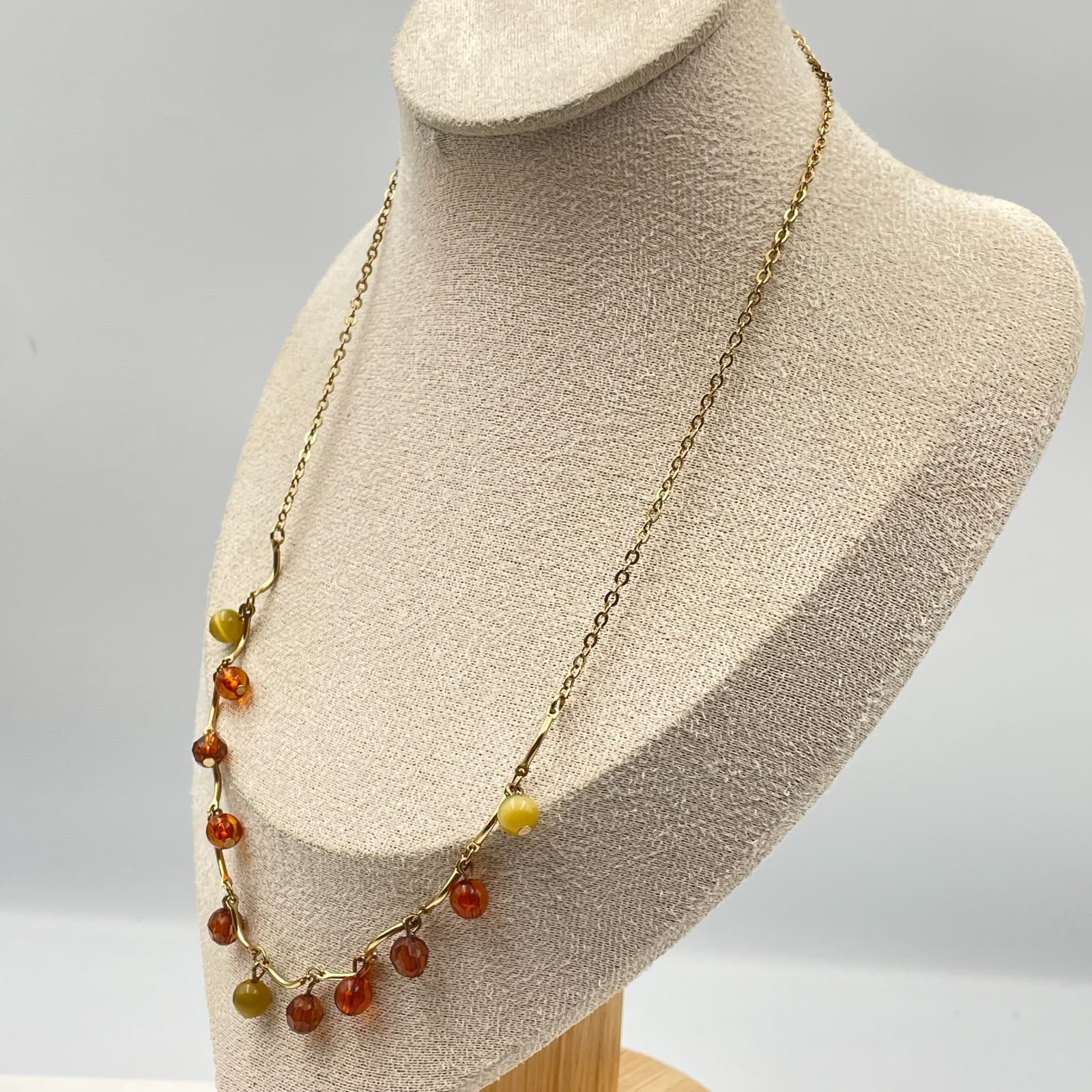 Vintage 90s Boho Gold Tone Amber Green Beaded Dangle Necklace Women's Jewelry - Thumbnail 5