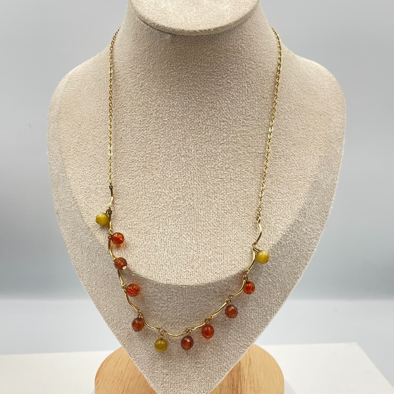 Vintage 90s Boho Gold Tone Amber Green Beaded Dangle Necklace Women's Jewelry - Thumbnail 2