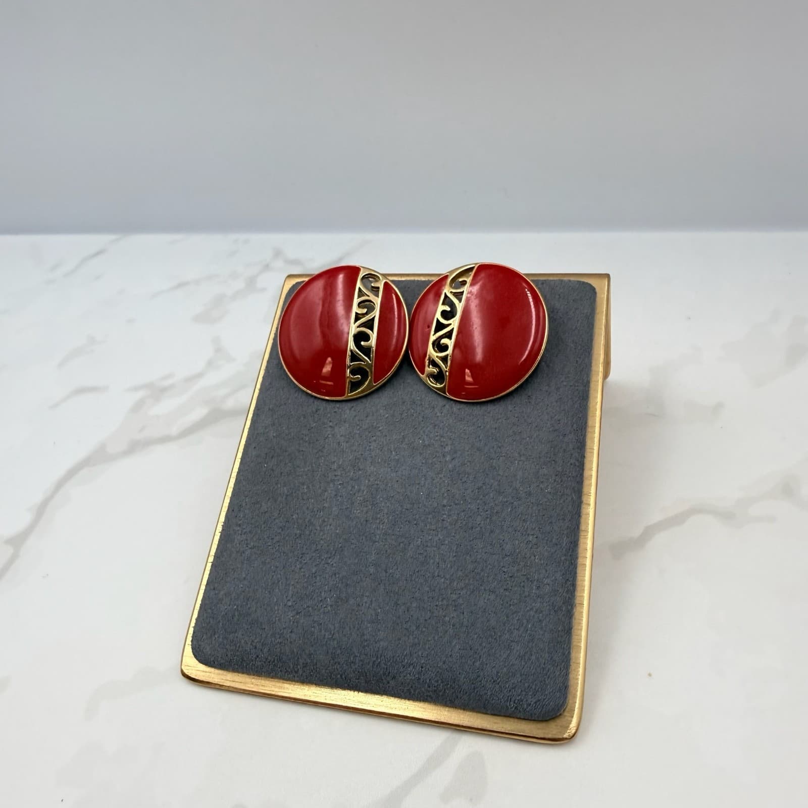 Vintage Monet Red Gold-Toned Classic Fashion Retro Enamel Clip-On Stud Earrings - Thumbnail 3