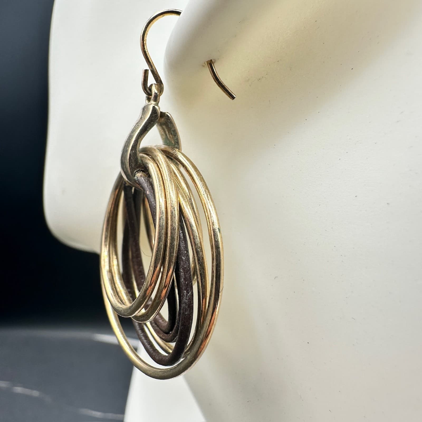 Vintage Monet Gold-Tone Classic French Wire Knotted Multi-Hoop Dangle Drop - Thumbnail 3