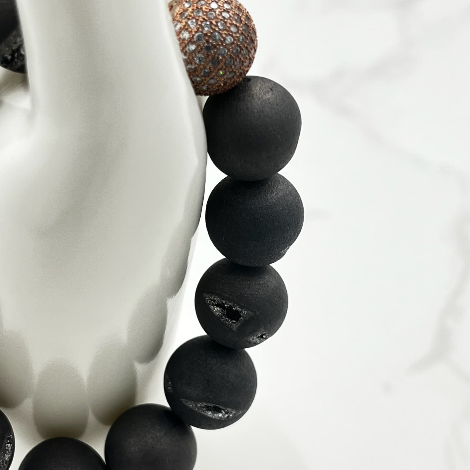 Vintage Matte Black Onyx & Druzy Stretch Bracelet w/ Pave Accent - Thumbnail 4