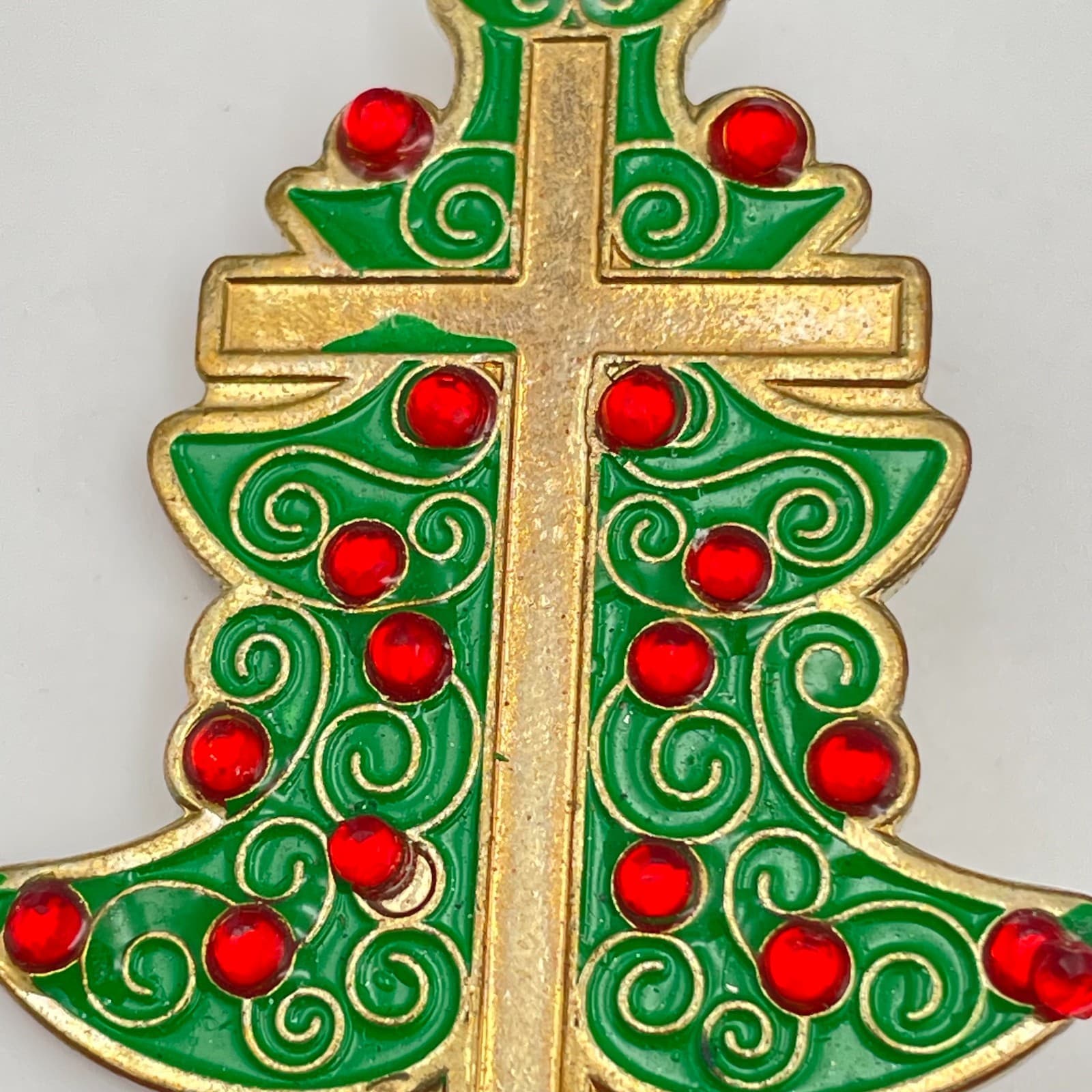 Vintage 90s Christmas Tree Cross Pin Gold Tone Green Enamel Red Glass Brooch - Thumbnail 4
