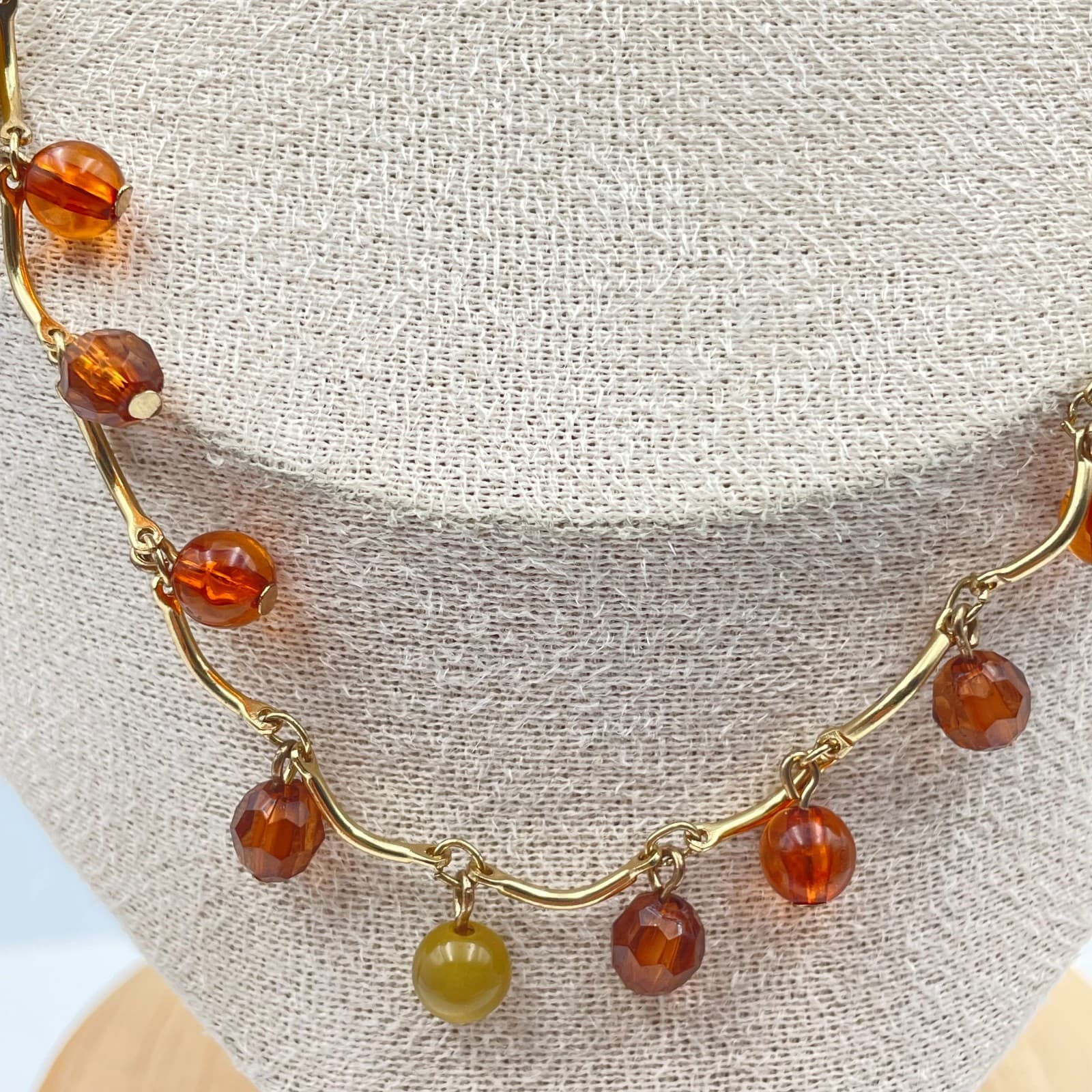 Vintage 90s Boho Gold Tone Amber Green Beaded Dangle Necklace Women's Jewelry - Thumbnail 4